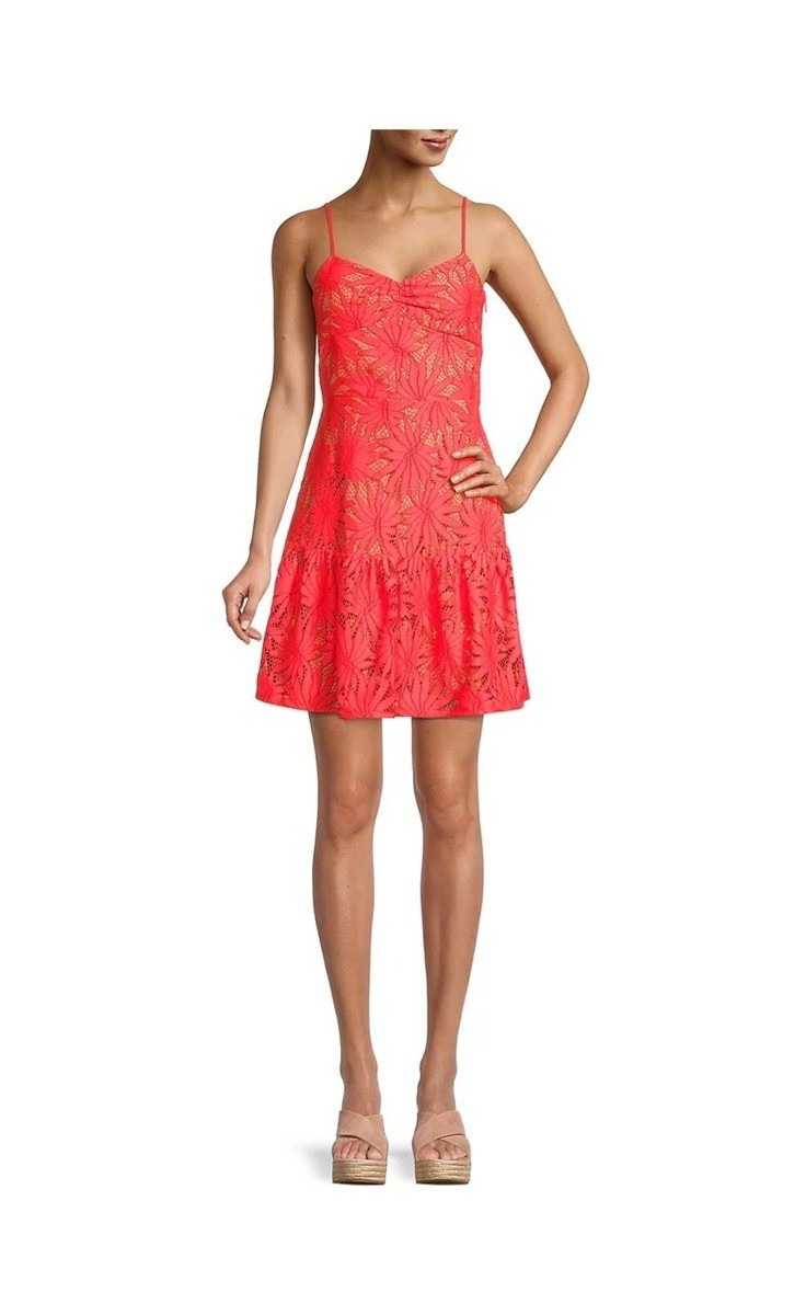 Michael Kors Red Floral Lace Sweetheart A-Line Dress Spaghetti Straps Size 6