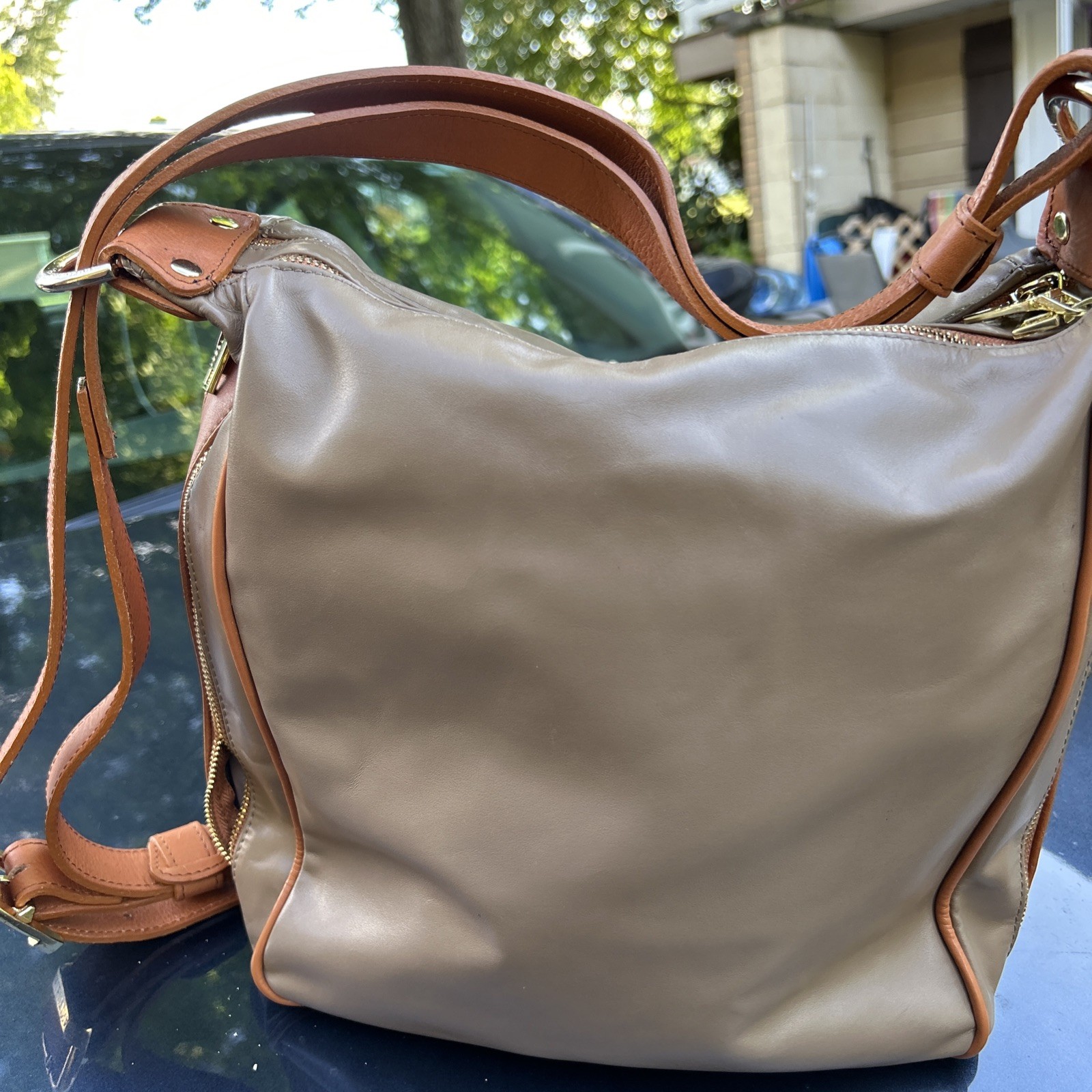 Valentina Large Dual Pocket Shoulder Bag Sling Brown/ Yellow Mustard, Italy