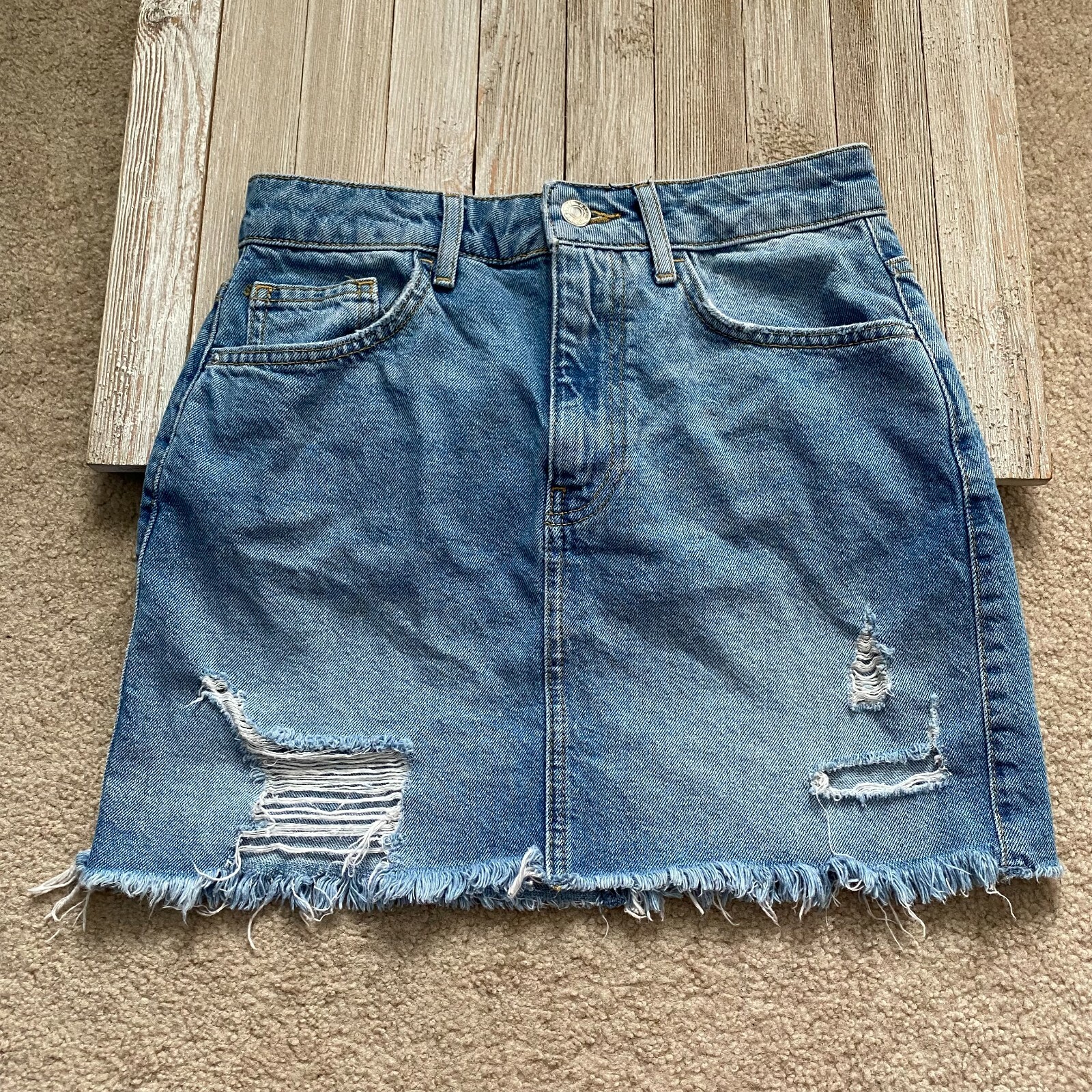Forever 21 Los Angeles Womens S Denim Distressed Fringe Hem Skirt Y2K Festival