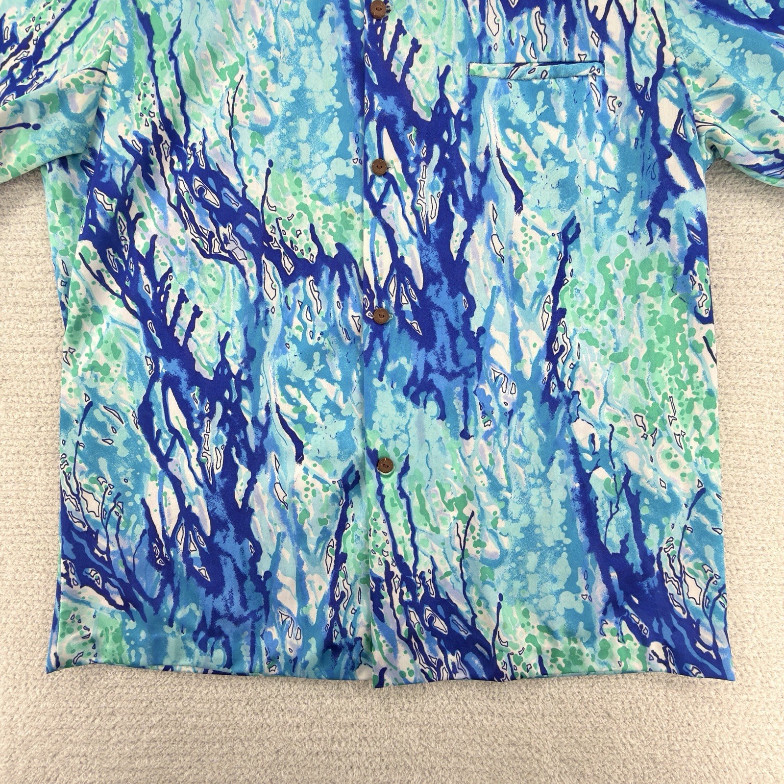 Vintage Napili Hawaiian Shirt Mens Large Blue Abstract Batik 70s Disco USA Made