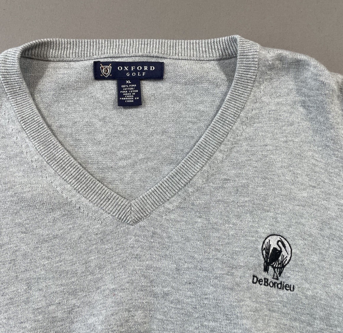 Oxford Golf Men’s DeBordieu Logo V Neck Pima Cotton Gray Sweater Size XL