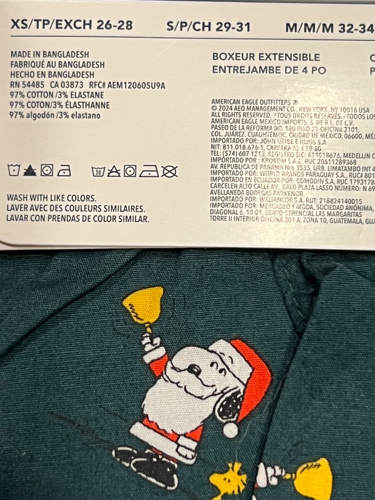 NWT AMERICAN EAGLE Stretch Boxer Sz XS-S-L-XL Green Red Santa Snoopy #42