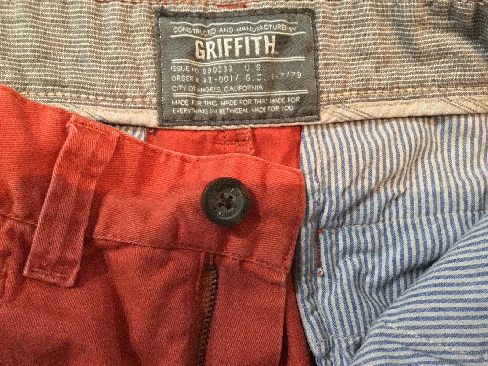 Men’s Griffith Chino Pants Sz 31 X 32 Flat Front 100% Cotton City Of Angels Cali
