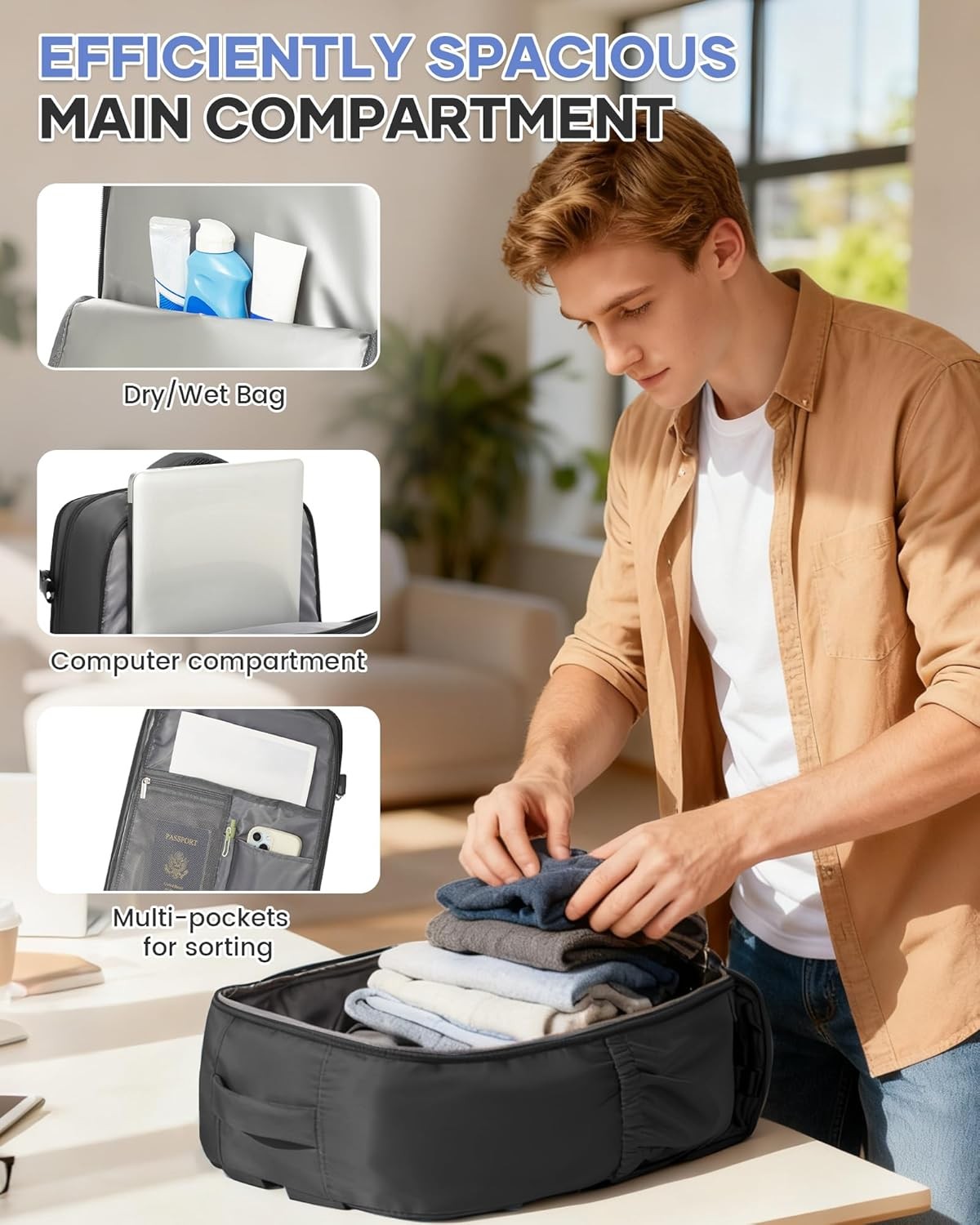 Large Travel Daypack Waterproof Laptop Backpack Carry On Black