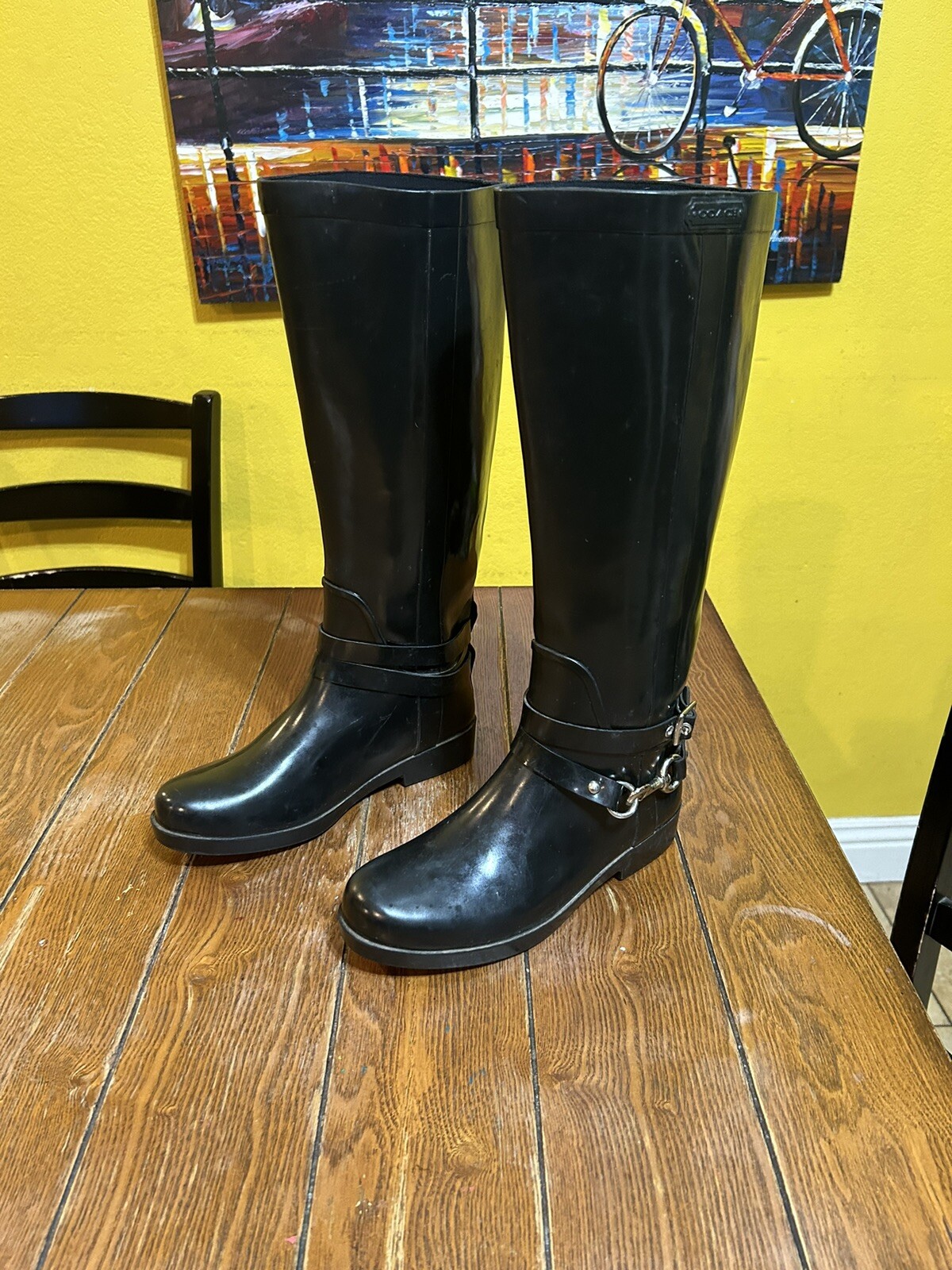Coach Lori Rain Boots Tall Black Gloss Rubber Womens Size 7