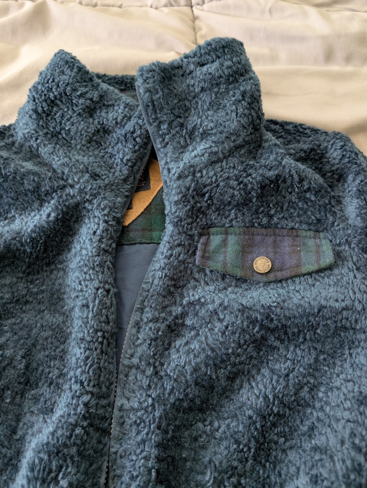 Pendleton sherpa fleece lined deep pile teddy fuzzy blue plaid jacket – Womens M