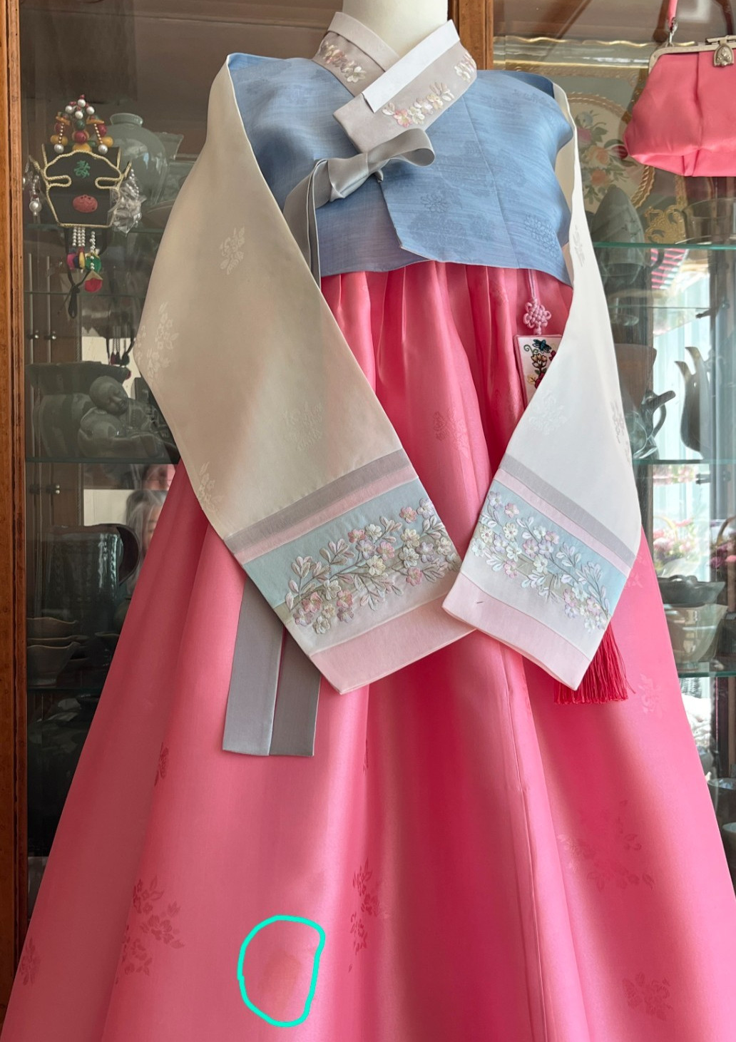 Premium Silk Traditional Korean Hanbok Dress–Light Blue & Pink/Hand bag / Junior