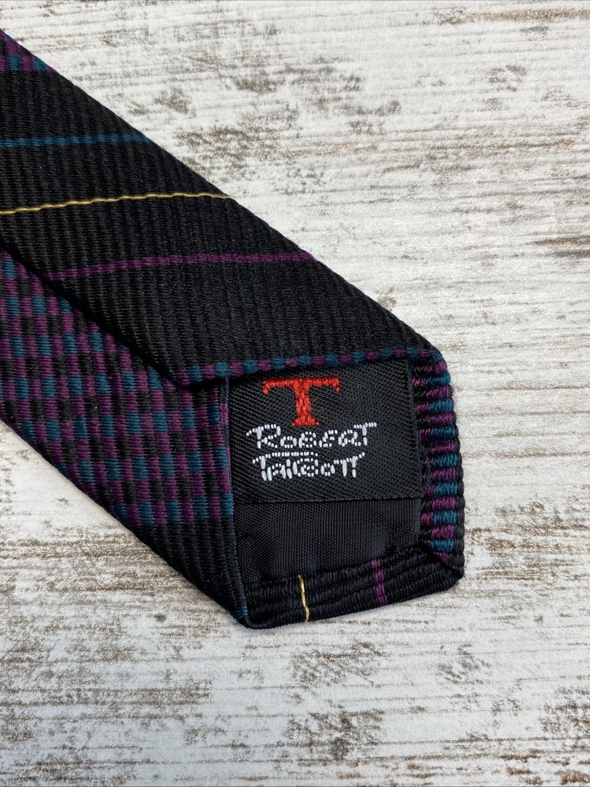 Robert Talbott Tie Andrisen Morton Black Purple Teal Stripe Silk Necktie 58×3.25