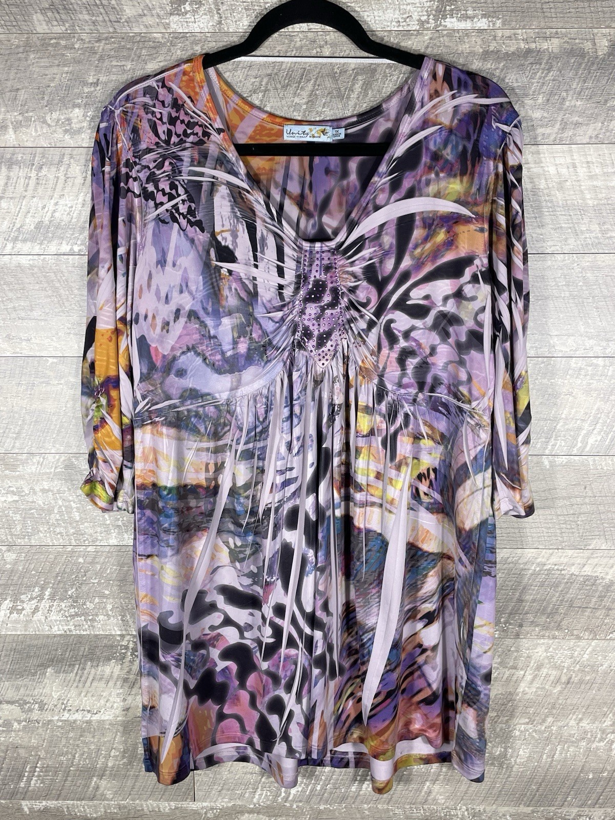 Abstract Artsy Rhinestone Jeweled Babydoll Top Sz 1X Y2K Cyber Fairy Whimsigoth