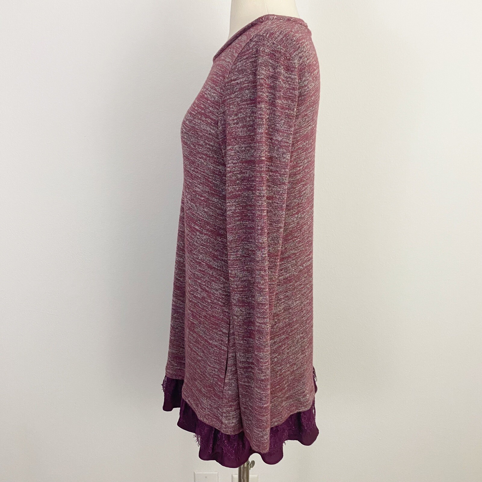LOGO Lori Goldstein Layered Lace Hem Long Sleeve Marled Knit Tunic XS (2/4) Plum