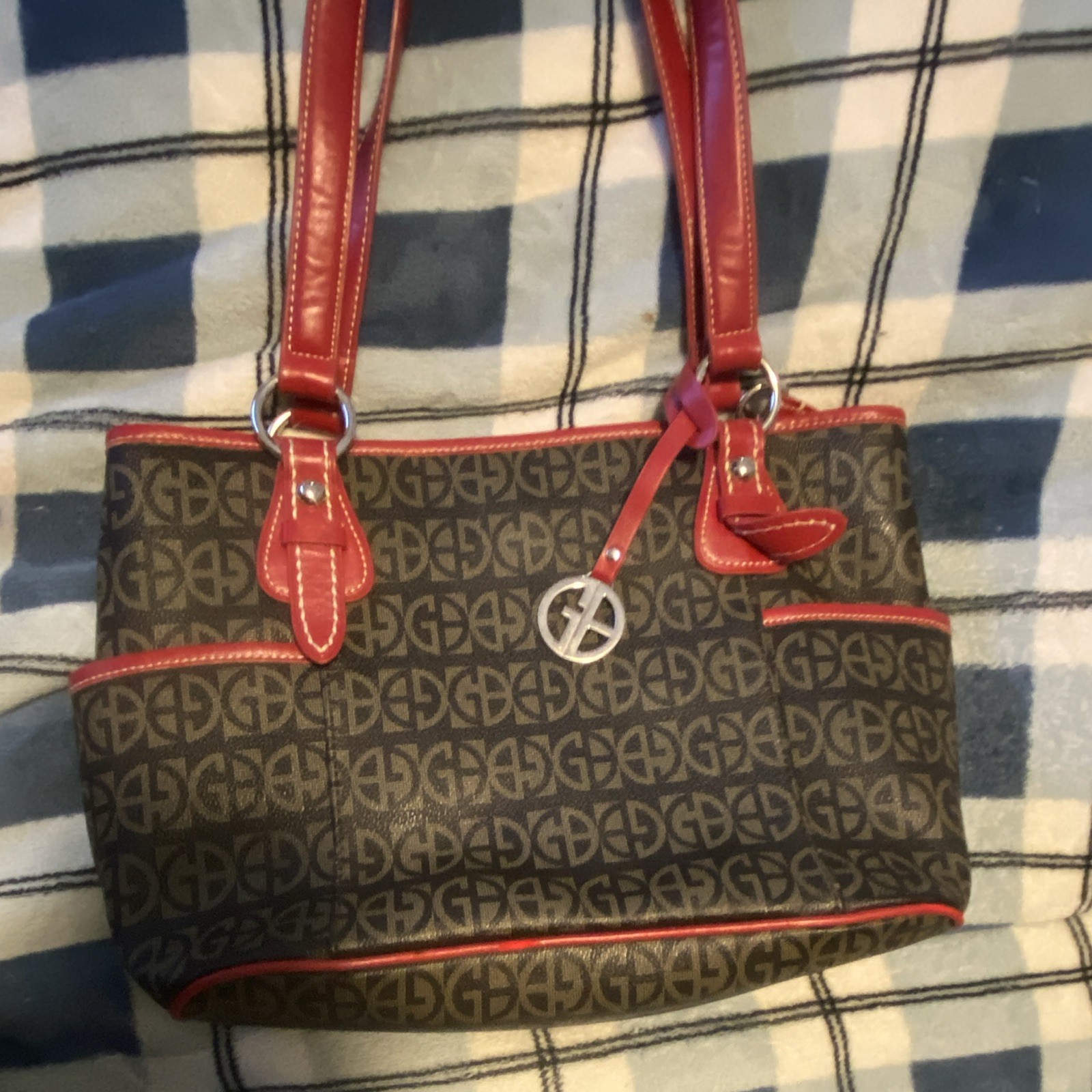 Giani Bernini Brown Logo Shoulder Bag Red Trim Zip Double Handles Silver