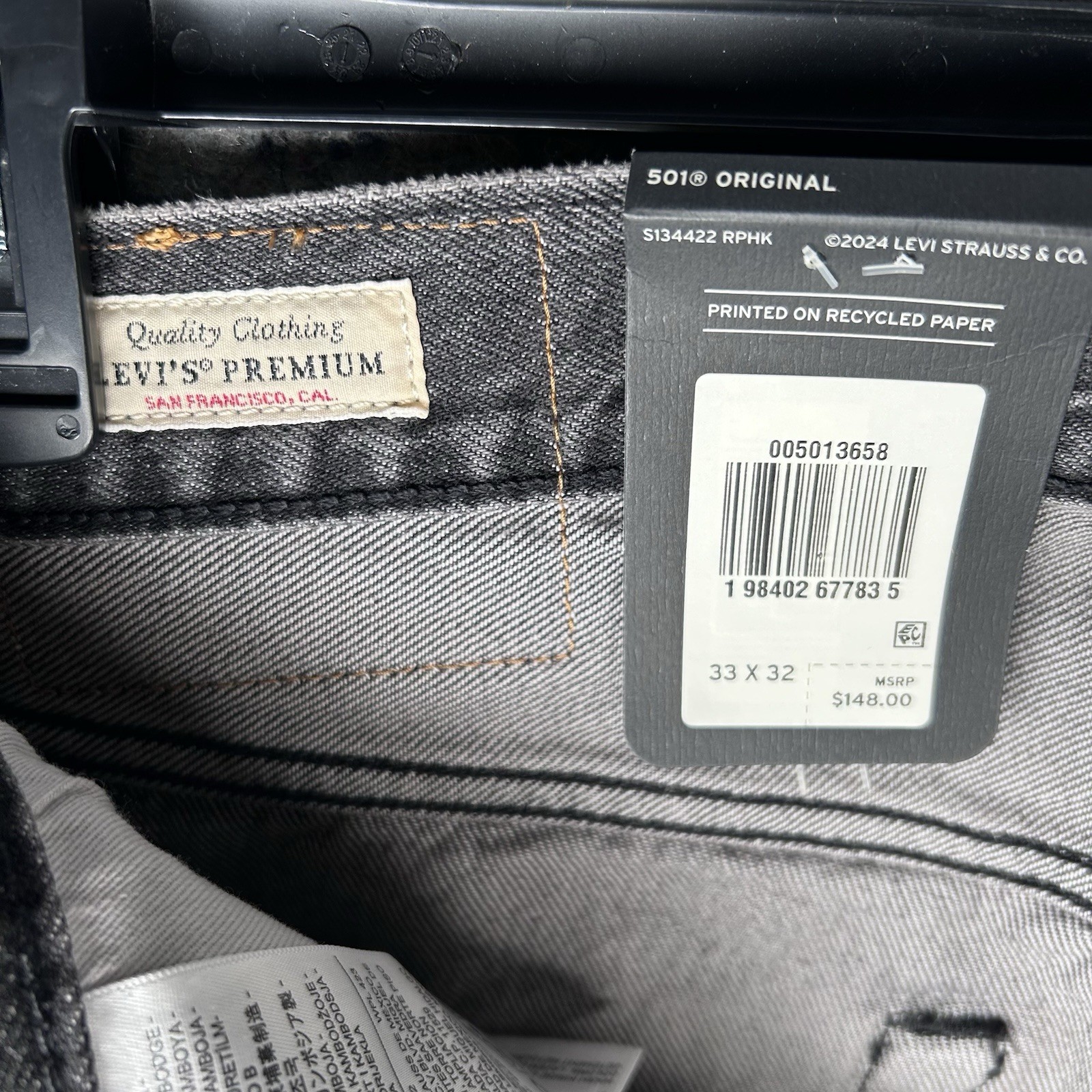 Levi’s 501 Selvedge Straight Fit Big E Denim Jeans Black Ash Men’s Size 33X32