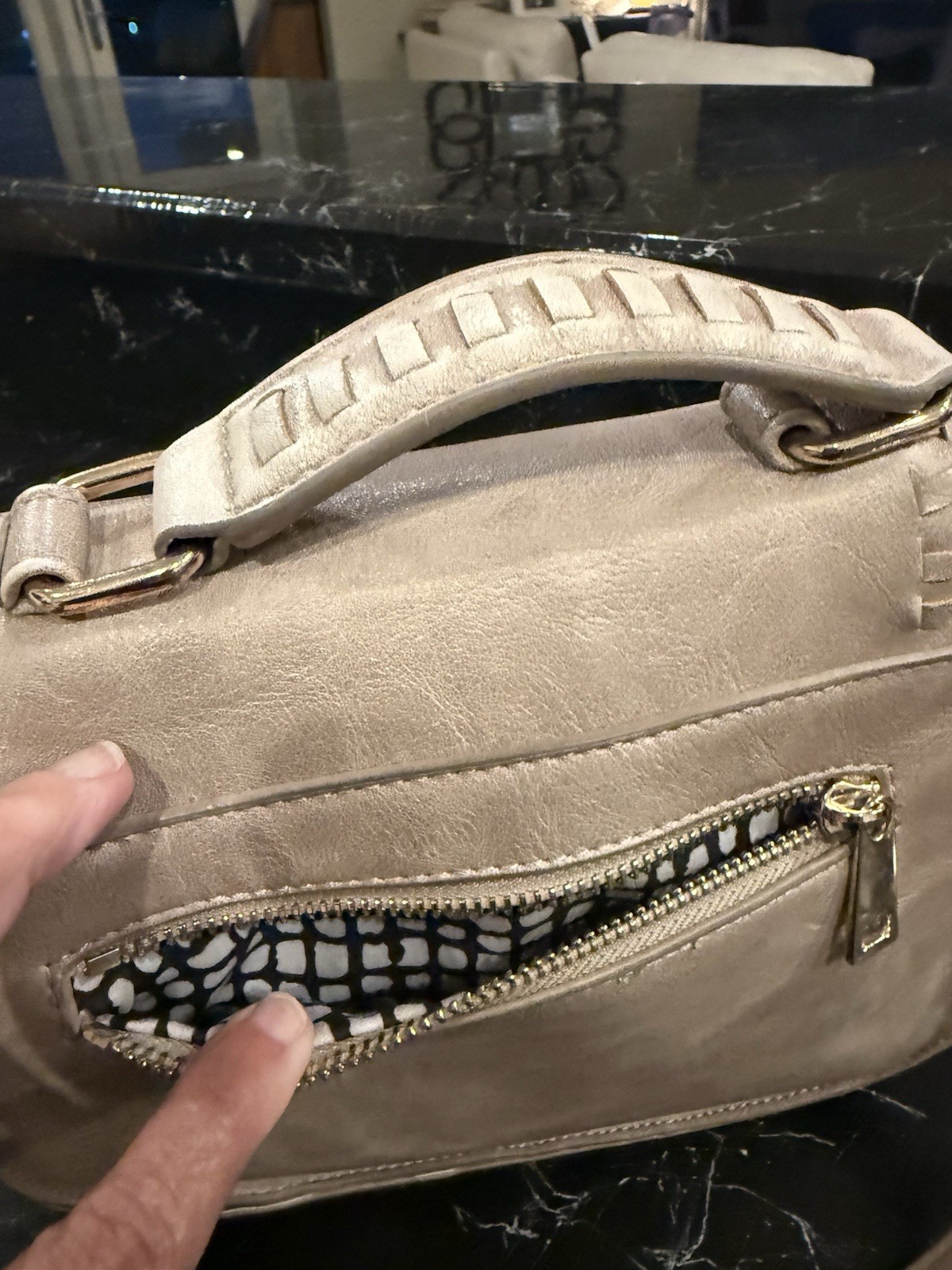 Beige Small Geometric Crossbody Bag Top Handle Adjustable Strap Zip Pockets