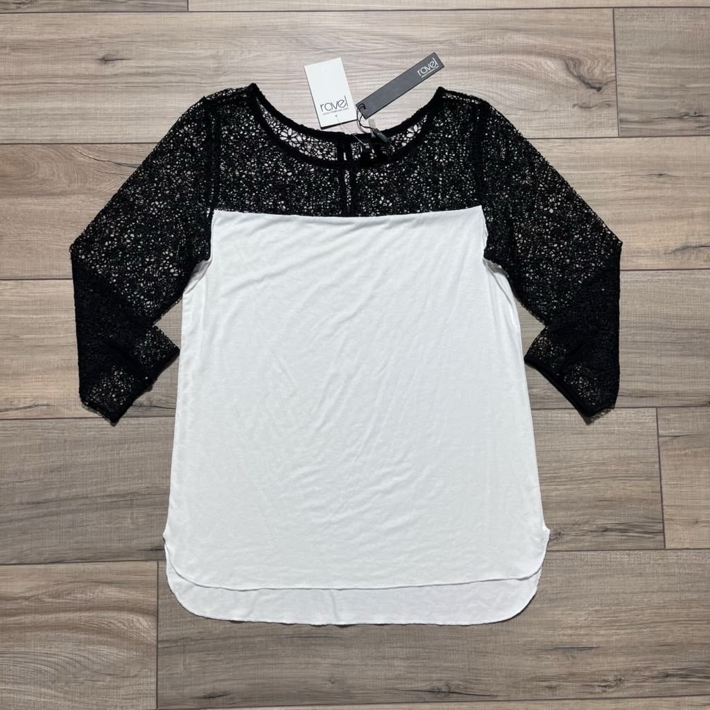 Revel Womens Colorblock 3/4 Sleeve Open Knit Fabric Top S Black & Light Cream