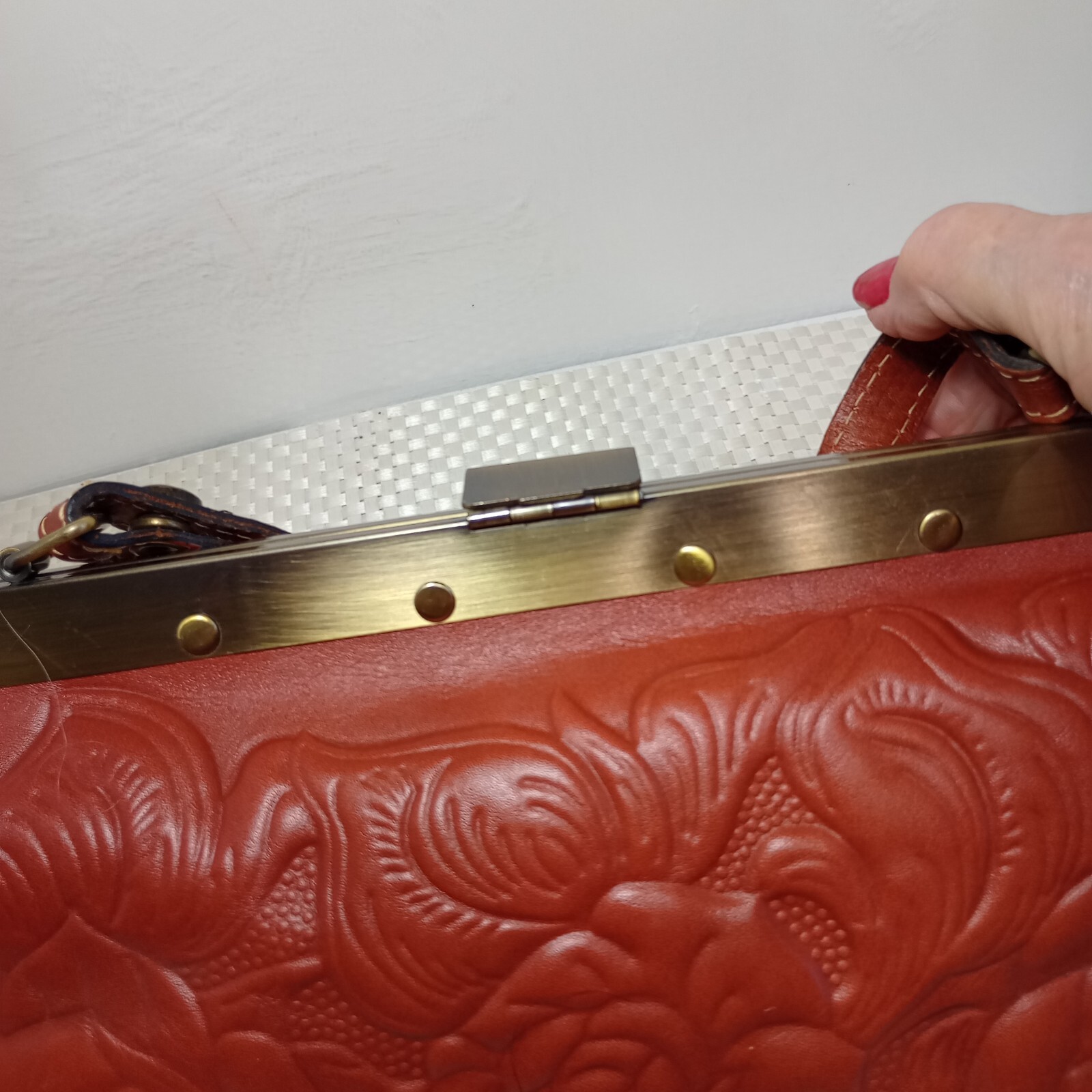 Patricia Nash Floral Embossed Cognac Leather bag Medium Brass Bottom Studs EUC