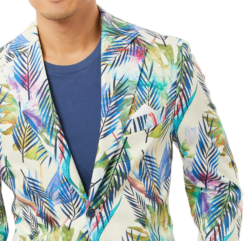 Tallia Men’s Cotton Blend Tropical Slim Fit Blazer in Blue Cream-XL 44-46