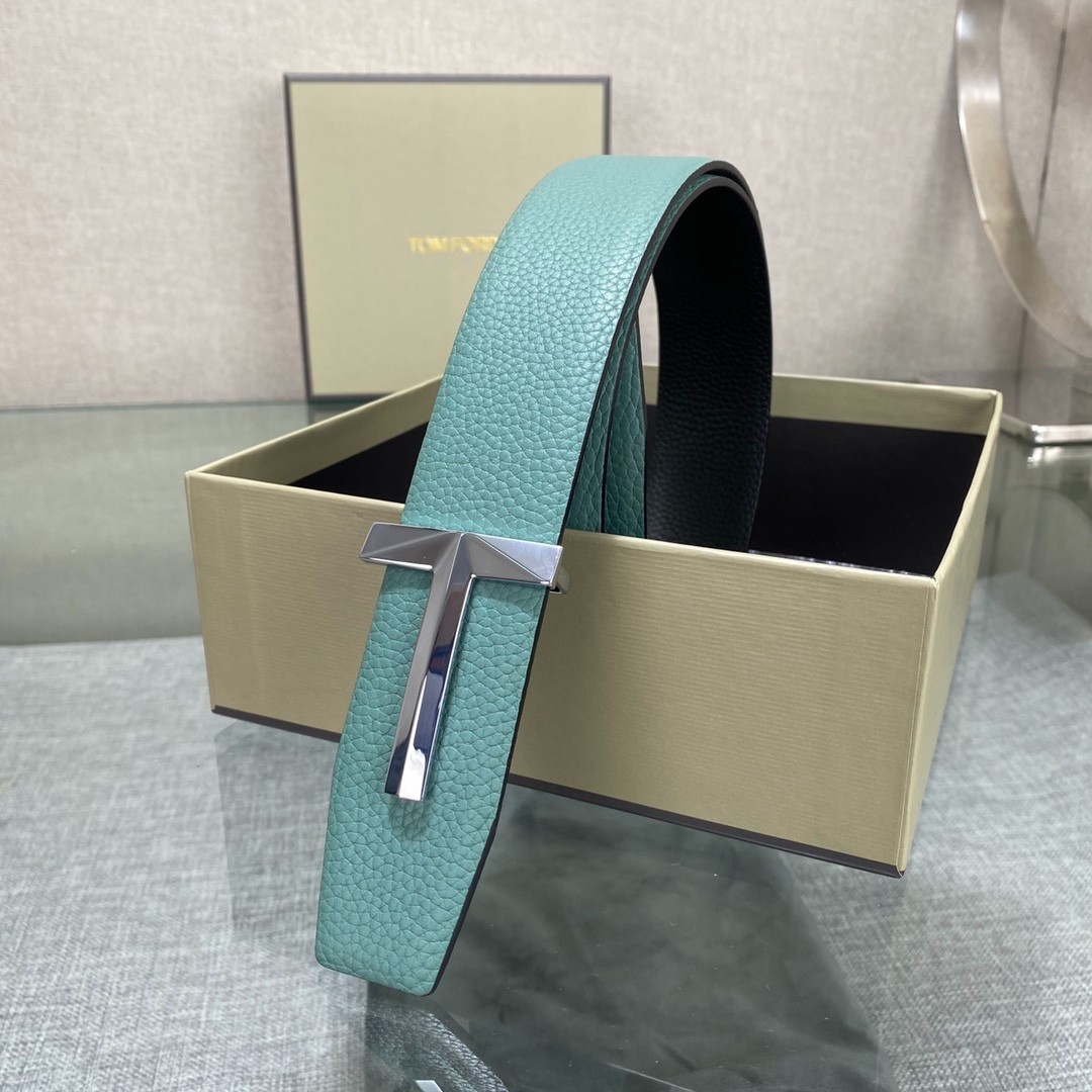 Tom Ford Green/Black Calfskin Reversible Belt Silvery Simple T Buckle