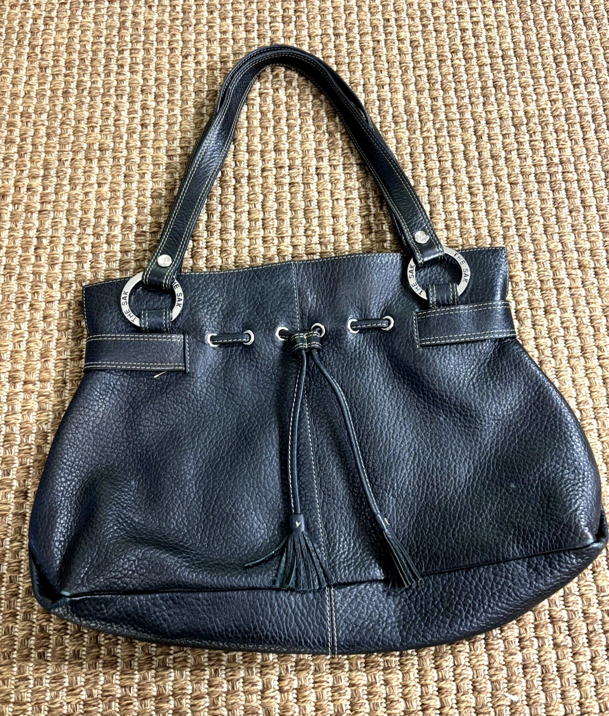 The Sak Black Leather Shoulder Bag Tassels – Silver Logo Pink Label