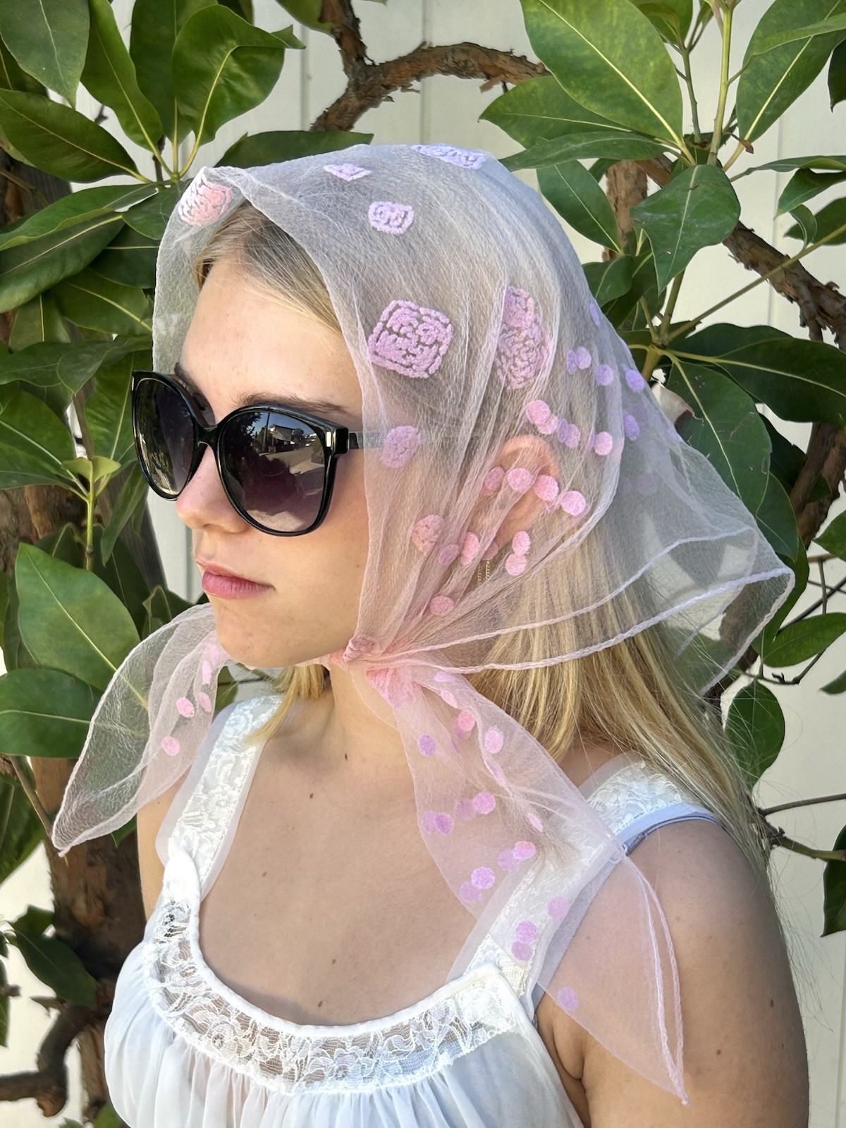 Vintage 50s Sheer Pink Scarf 26” x 26” Roses Polka Dots Grace Kelly