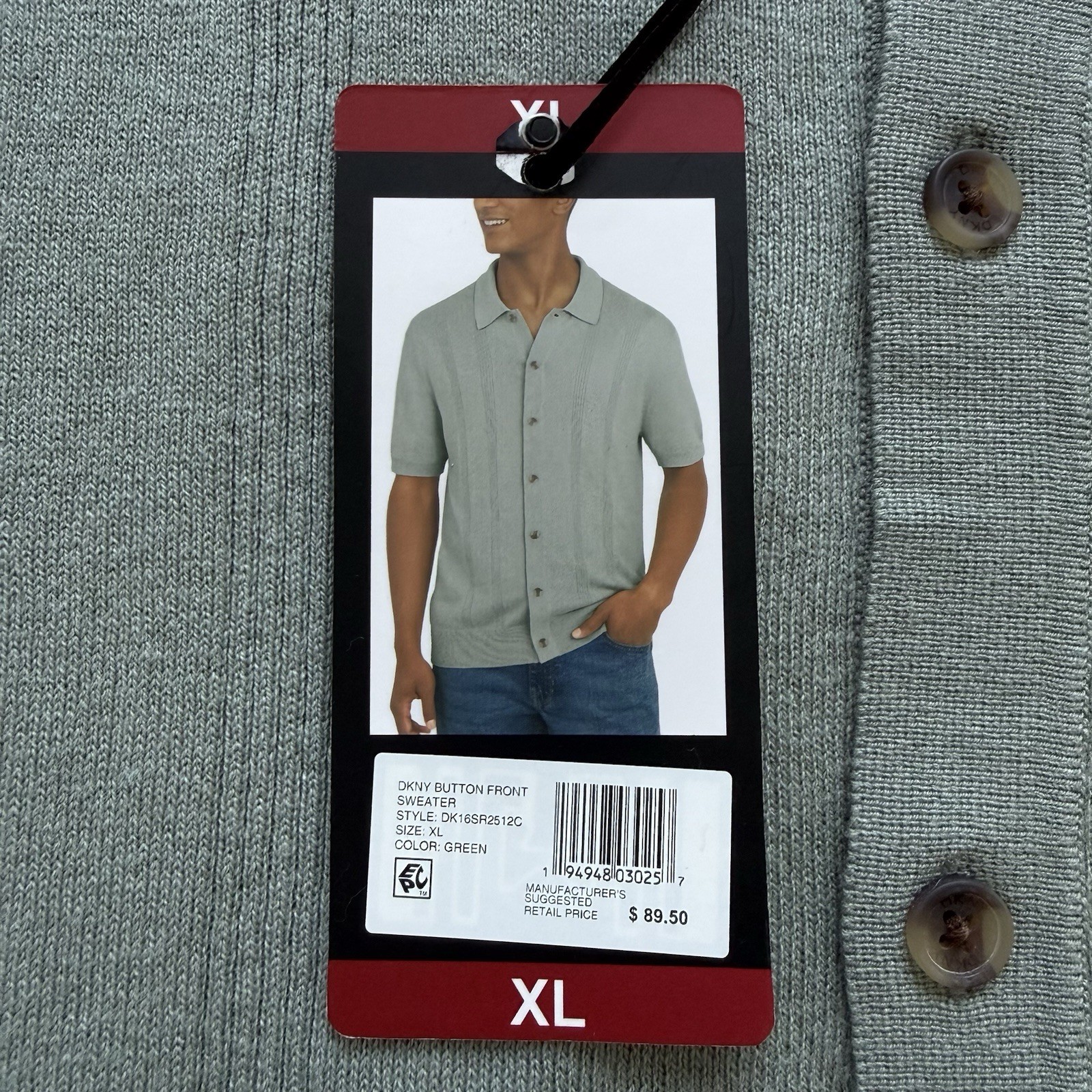 DKNY Men’s Button Front Knit Shirt XL Green Short Sleeve Casual Stretch Polo NWT
