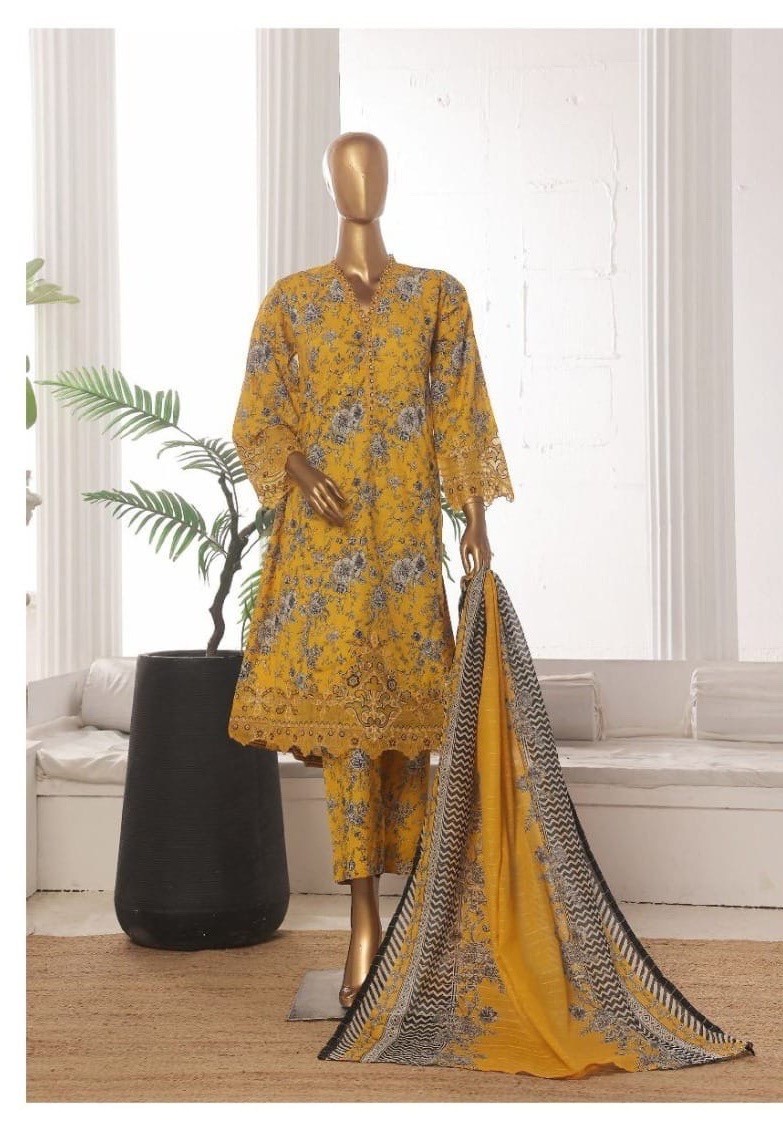 Premium Lawn Cotton 3 Pc Suit-Bin Saeed ,Cut Work Emb- Aline Style-M & L – $44
