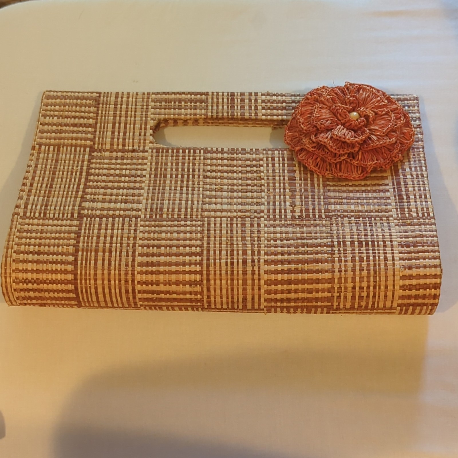 Woven Straw Clutch Top Handle Cutout, Beige Brown Orange, Flower Charm