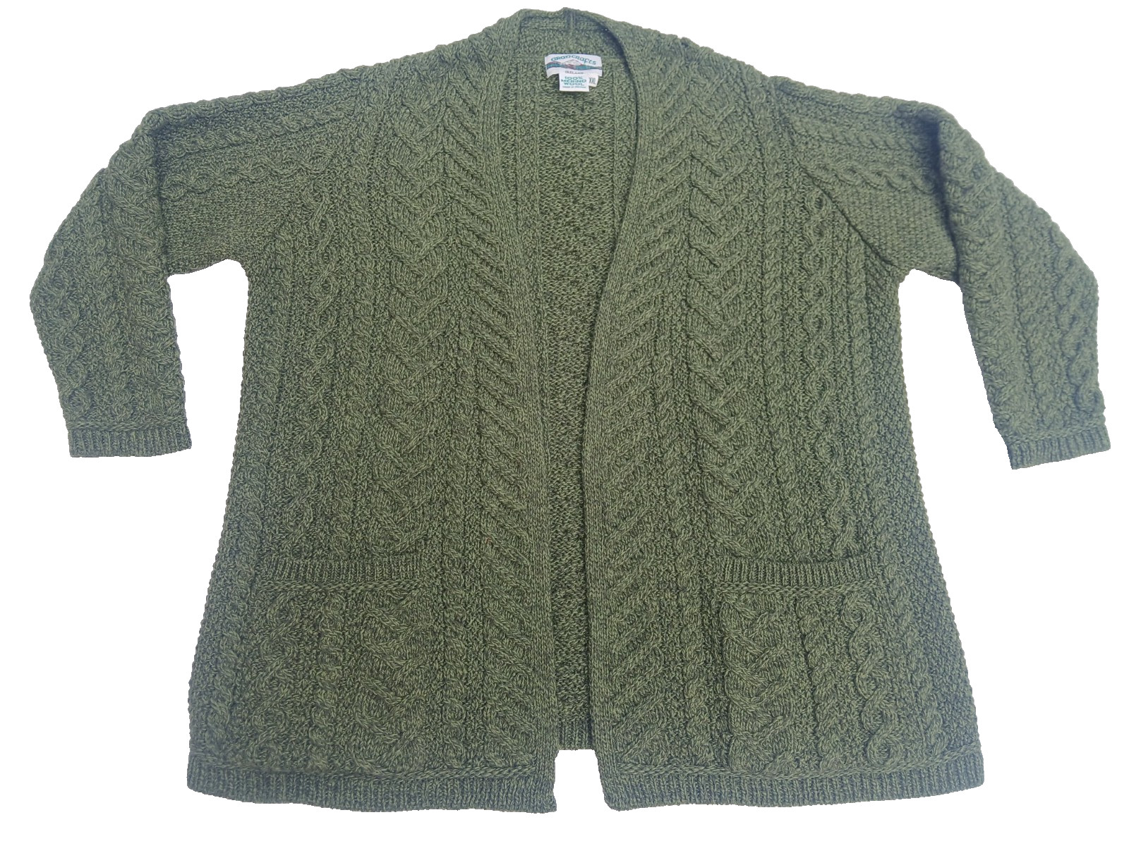 Aran Crafts Ireland Merino Wool Open Cardigan XXL Green Cable Fisherman Sweater