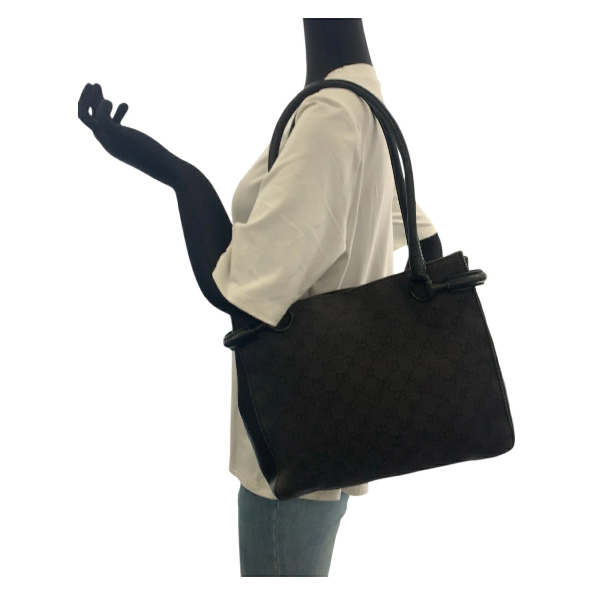 GUCCI GG Canvas Tote Bag Black Shoulder Bag 11.6in x 10.4in x 3in