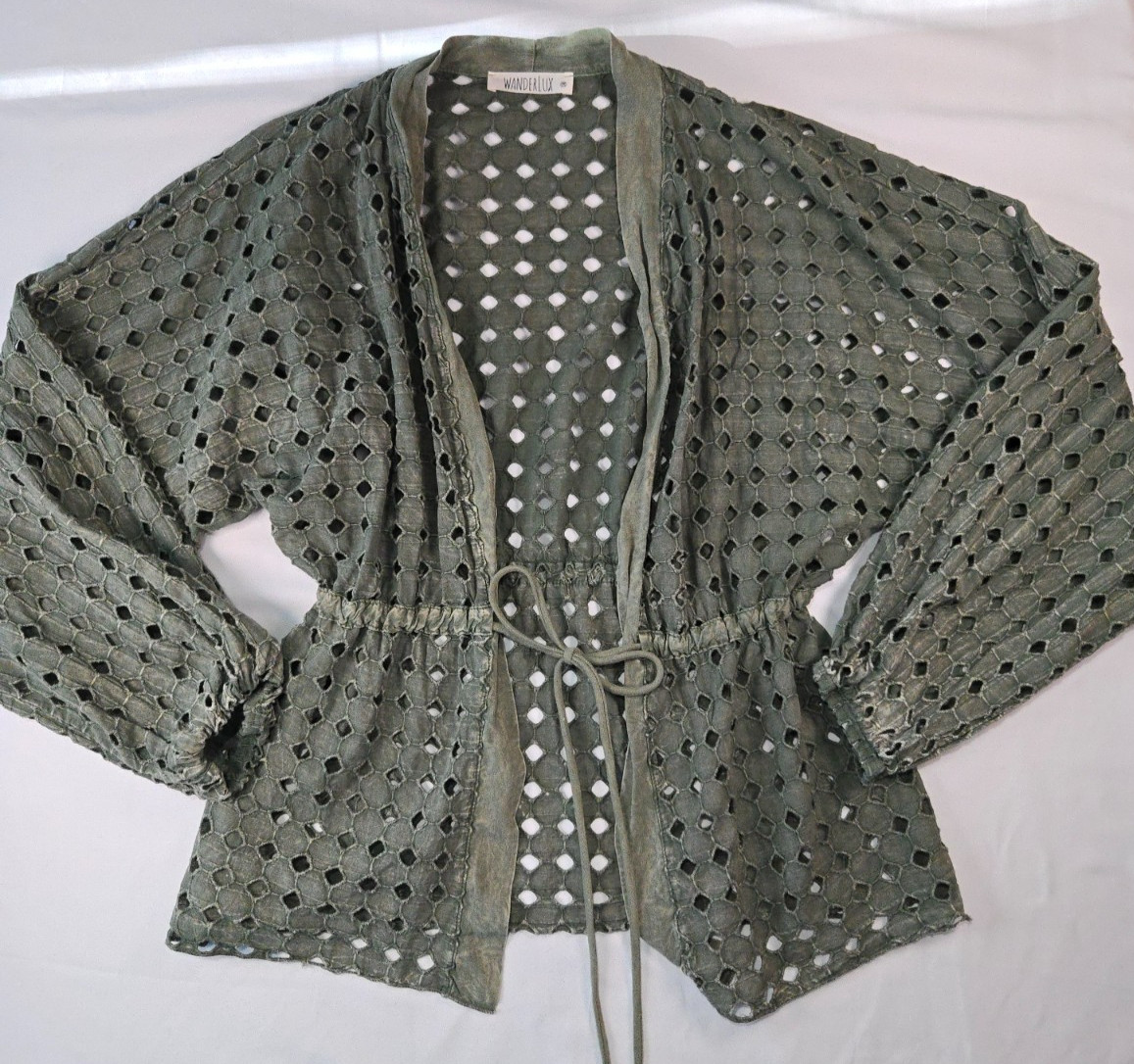 Olive Green Eyelet Cutout Tie Front Cardigan Sz Medium Earthy Lagenlook Festival