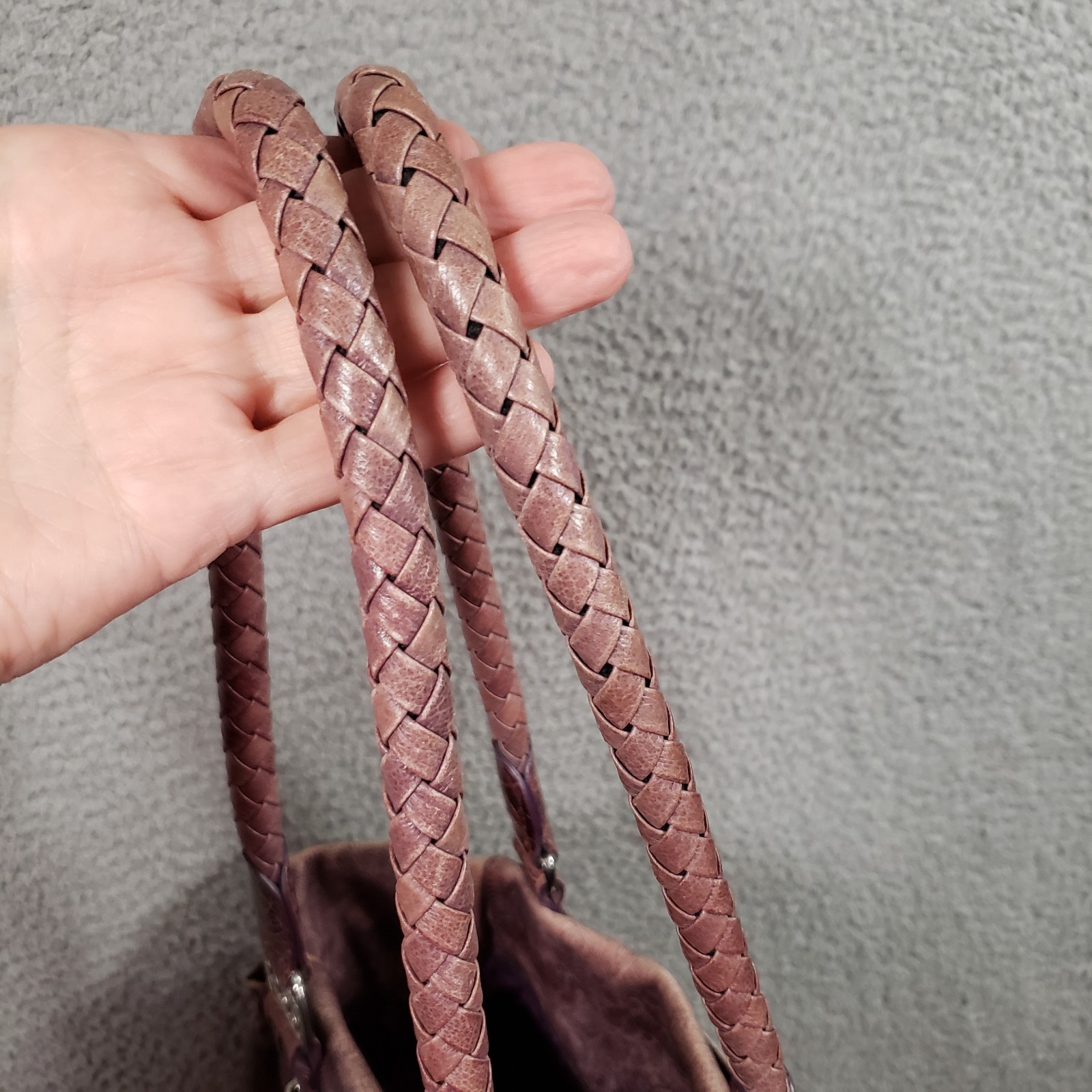 Brighton Purple Distressed Leather Shoulder Bag Pleat Elastic Pockets Heart Rare