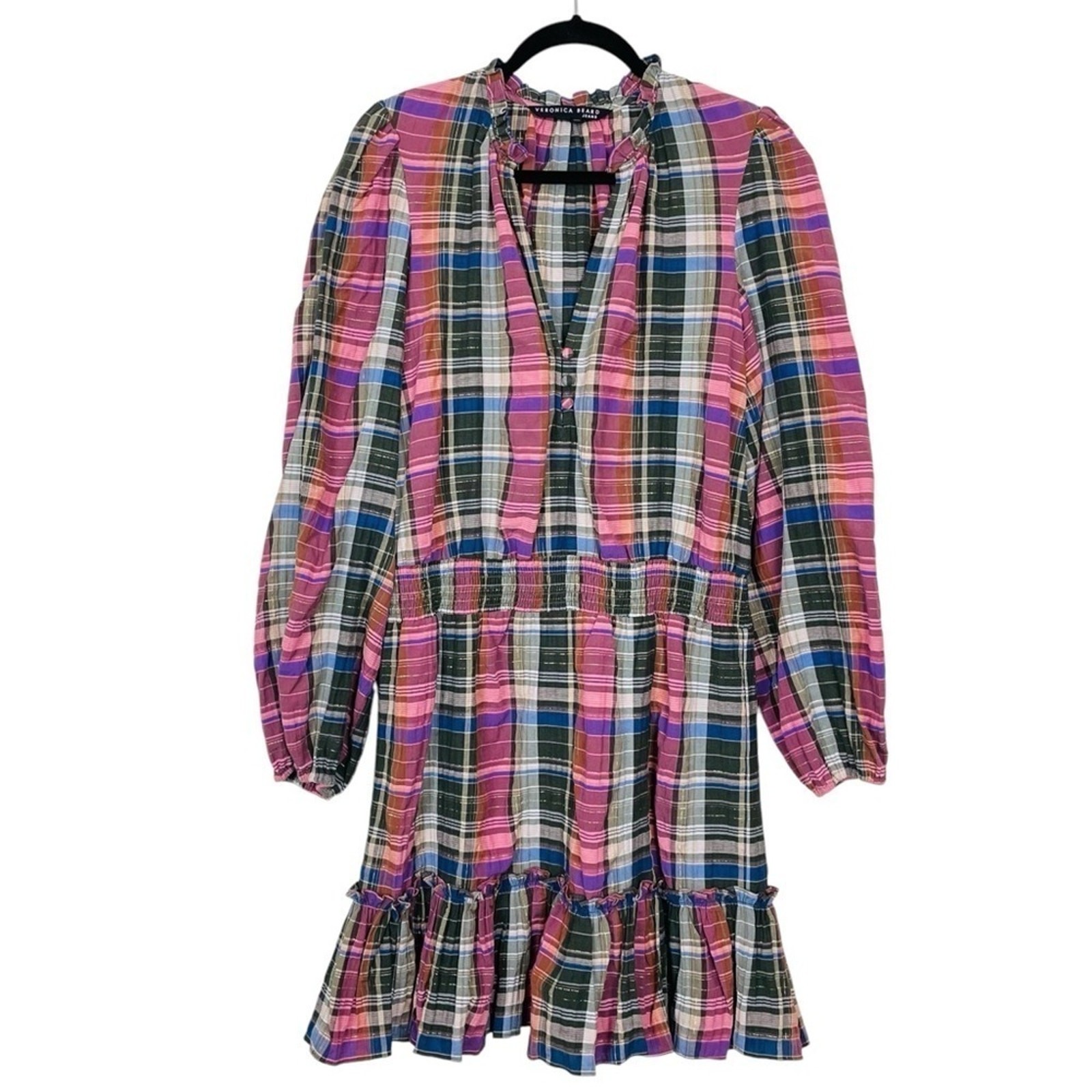 Veronica Beard Jeans Destiny Ruffled Metallic Checked Cotton Blend Mini Dress