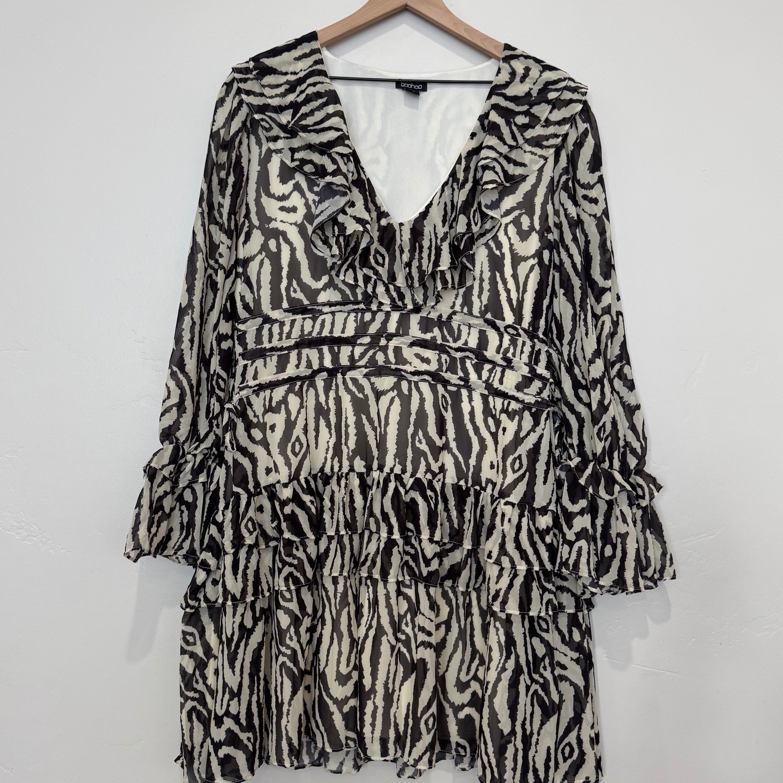 Boohoo Zebra Print Ruffle Mini Dress Long Sleeve Tie Waist Party Going Out US 14