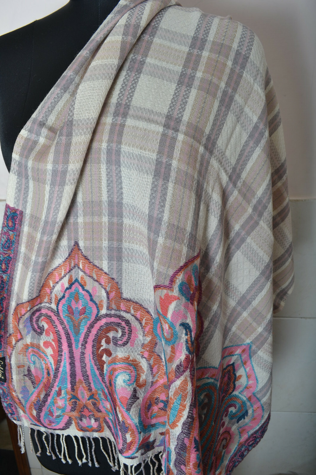 NWT KANI JAMAVAR SCARF 100% CASHMERE WRAP HANDWOVEN PASHMINA SHAWL PLAID PAISLEY