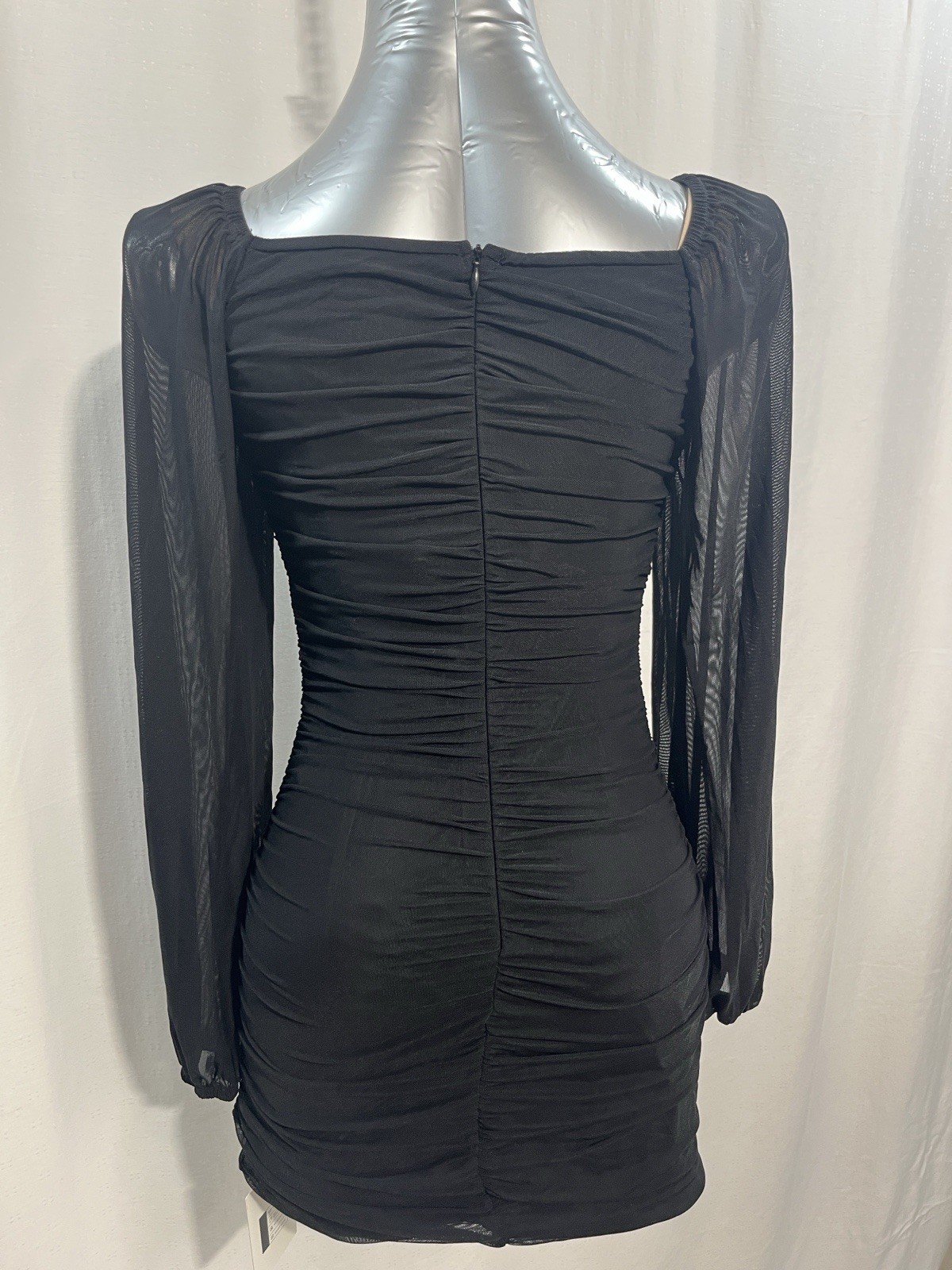 Women’s Black Ruched Mesh-Sleeve Bodycon Dress party prom wedding trendy 1247