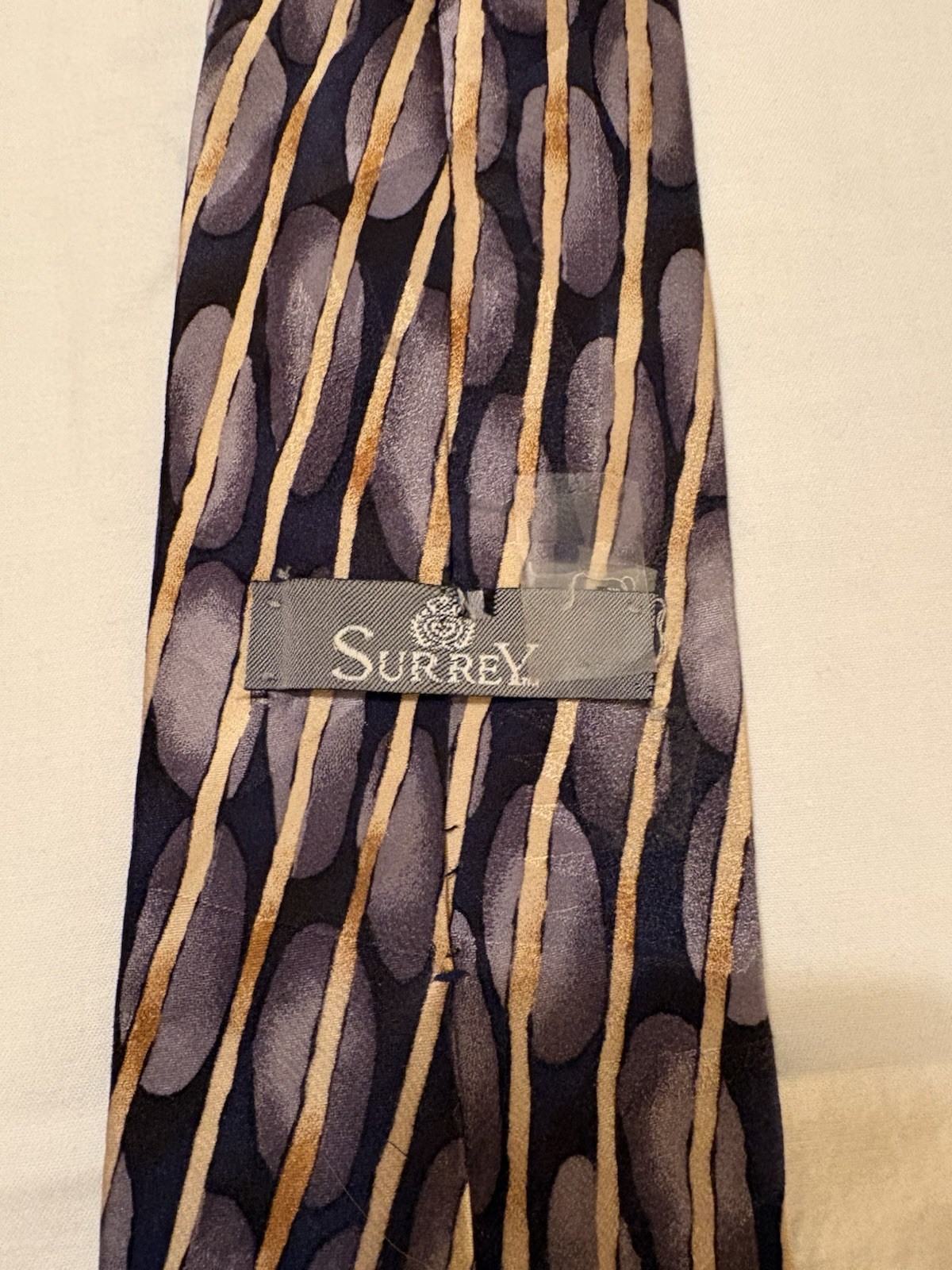 Surrey Men’s Woven 100% Silk Tie Navy Gold Gray Geometric Pointed Classic
