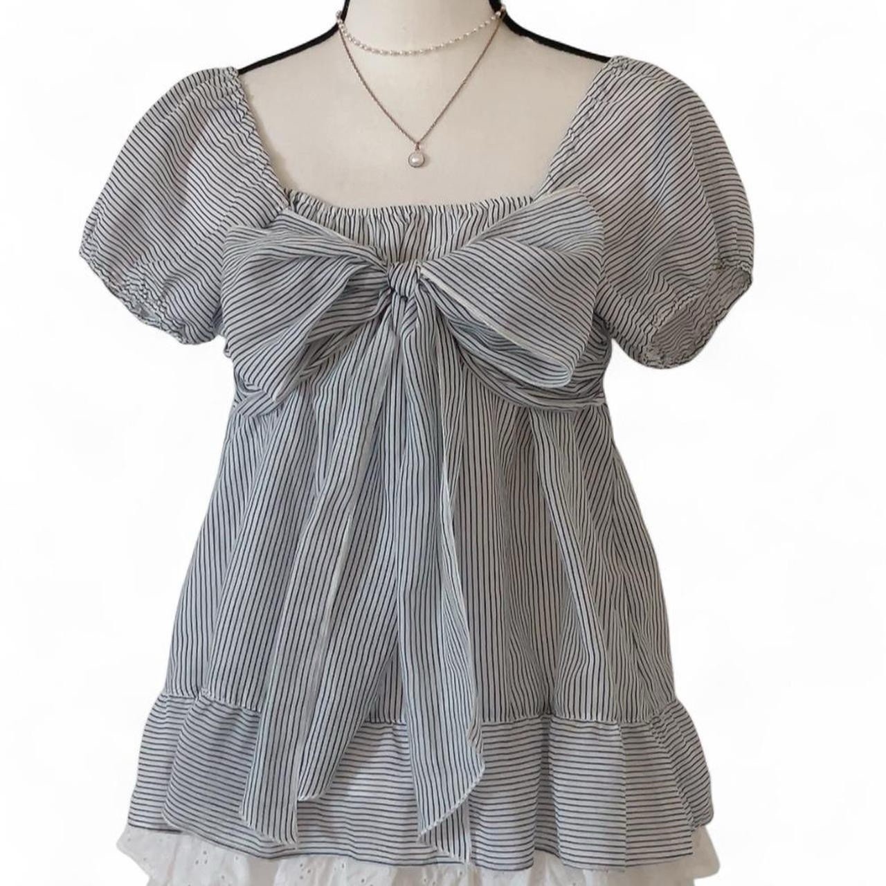 Japanese Brand Striped Chest Ribbon Babydoll Ruffle Blouse