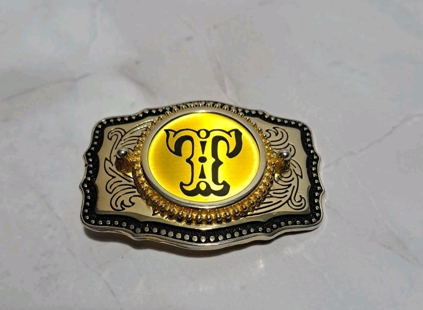 Western Metal Belt Buckle Gold Tone Initial Letter T Cowboy Rodeo Made In USA