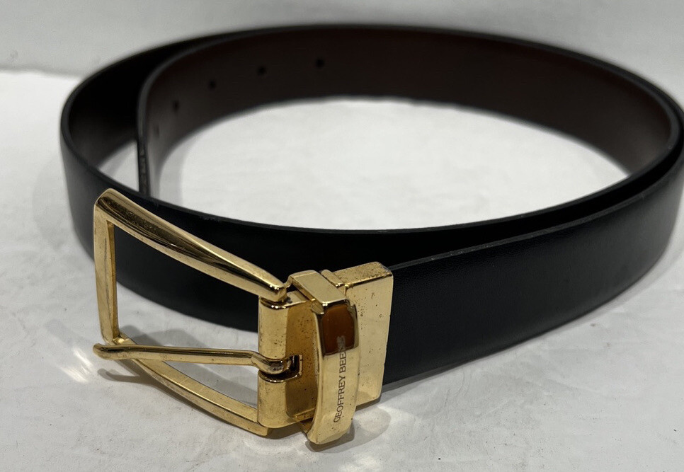 Men’s 32 Geoffrey Beene Italy Leather Belt Reversible Brown Black Gold Hardware