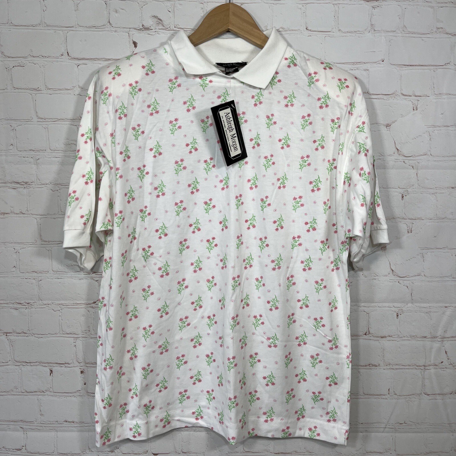 Vintage Ashleigh Morgan Shirt Womens Large White Floral Collared Shoulder Pads