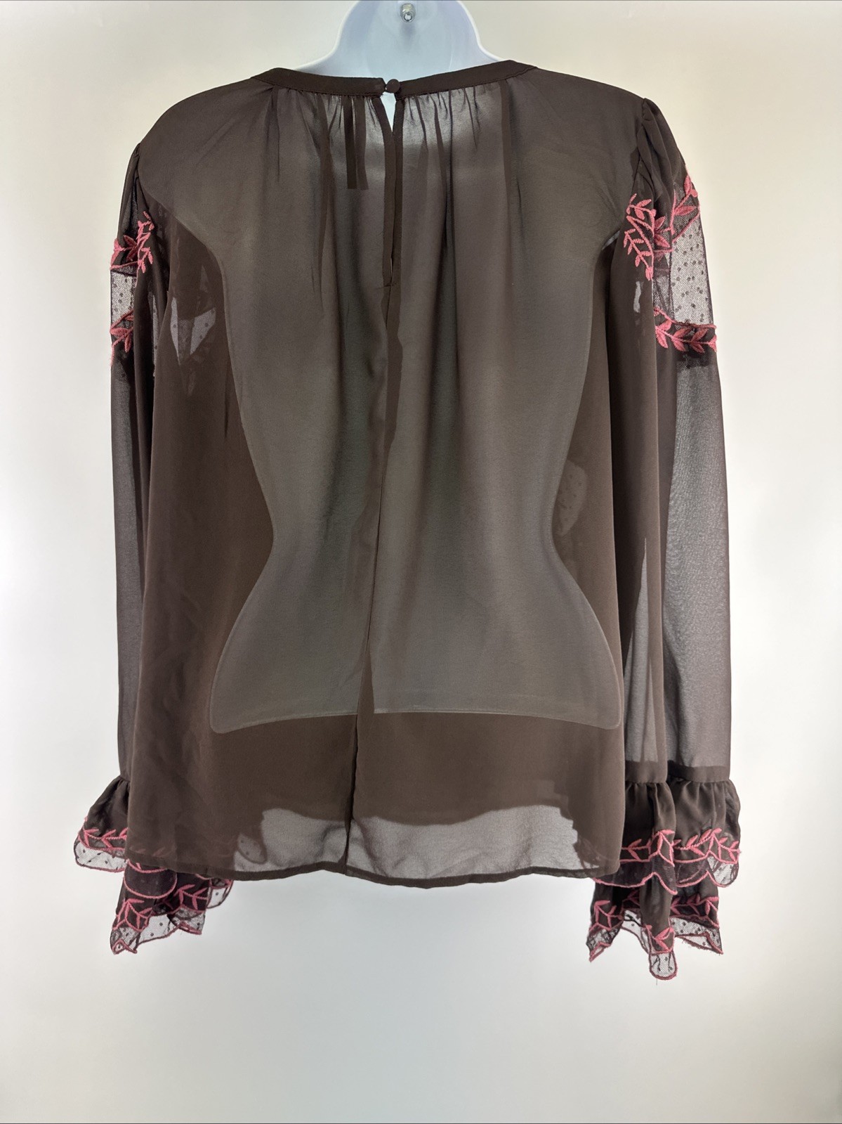 Anthropologie Long Sleeve Applique Blouse Brown Pink Embroidered Ruffle Chiffon