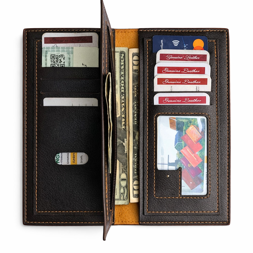 Men’s Long Checkbook Wallet – Genuine Leather RFID Card Holder, Full Bill Wallet