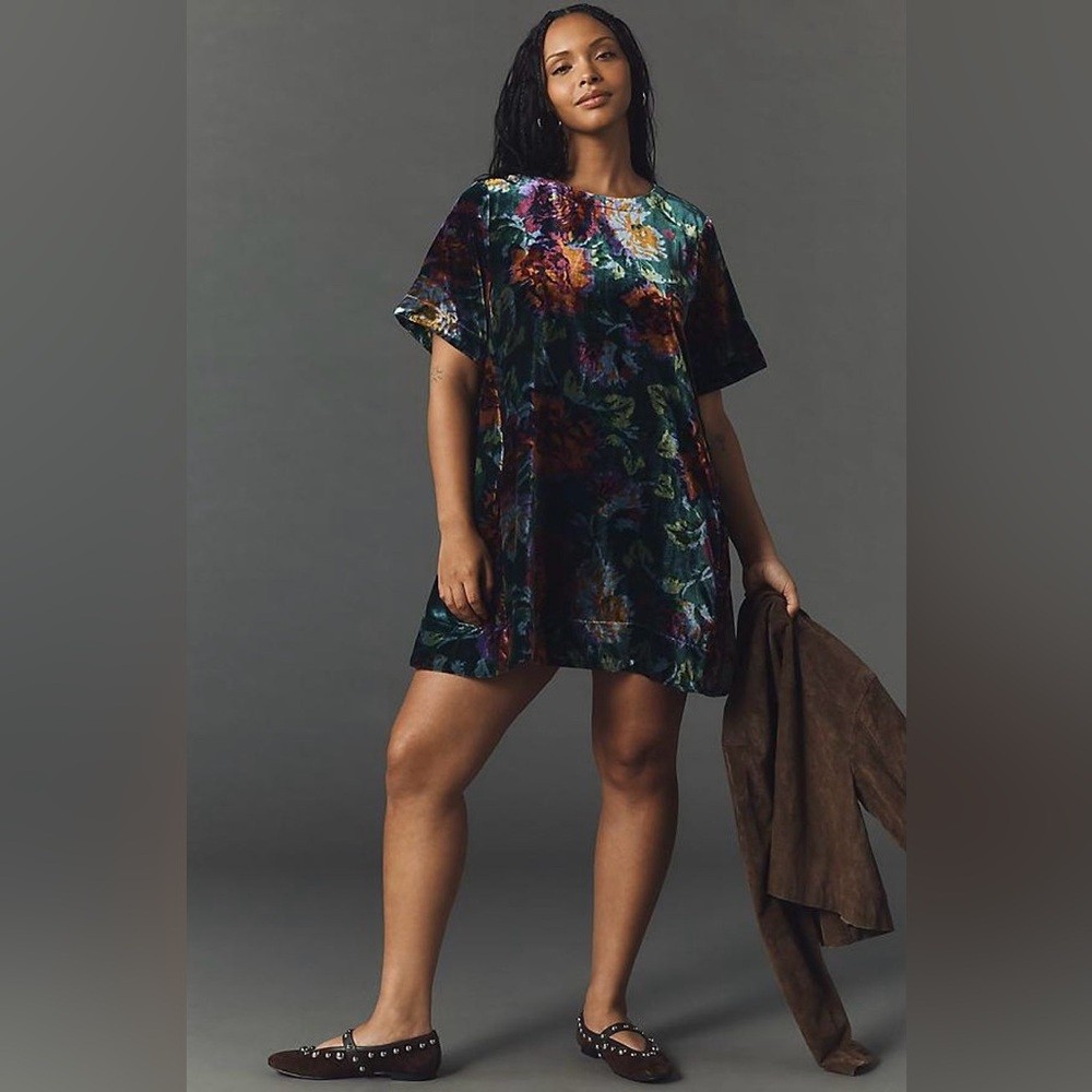 Anthropologie Velvet Floral Mini Dress Pockets Keyhole
