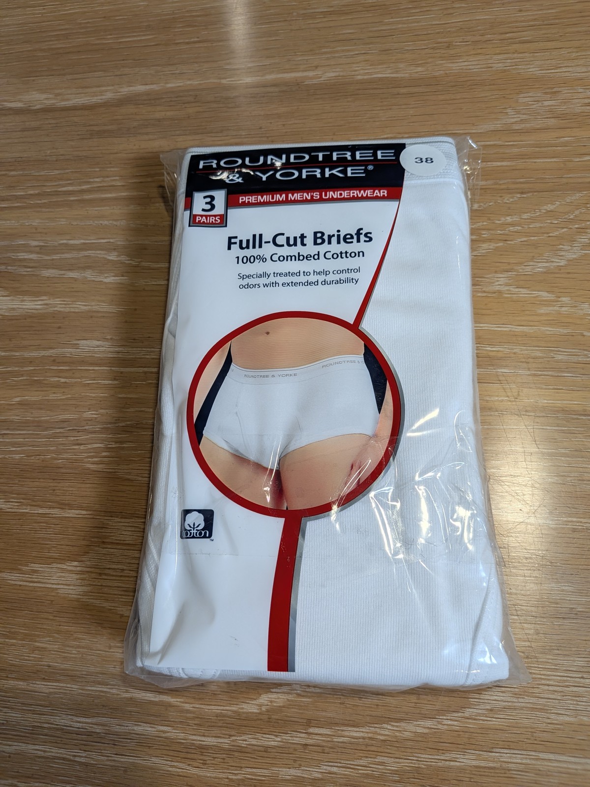 Roundtree & Yorke Men’s Full-Cut Briefs 3-Pack 100% Combed Cotton Size 38 White