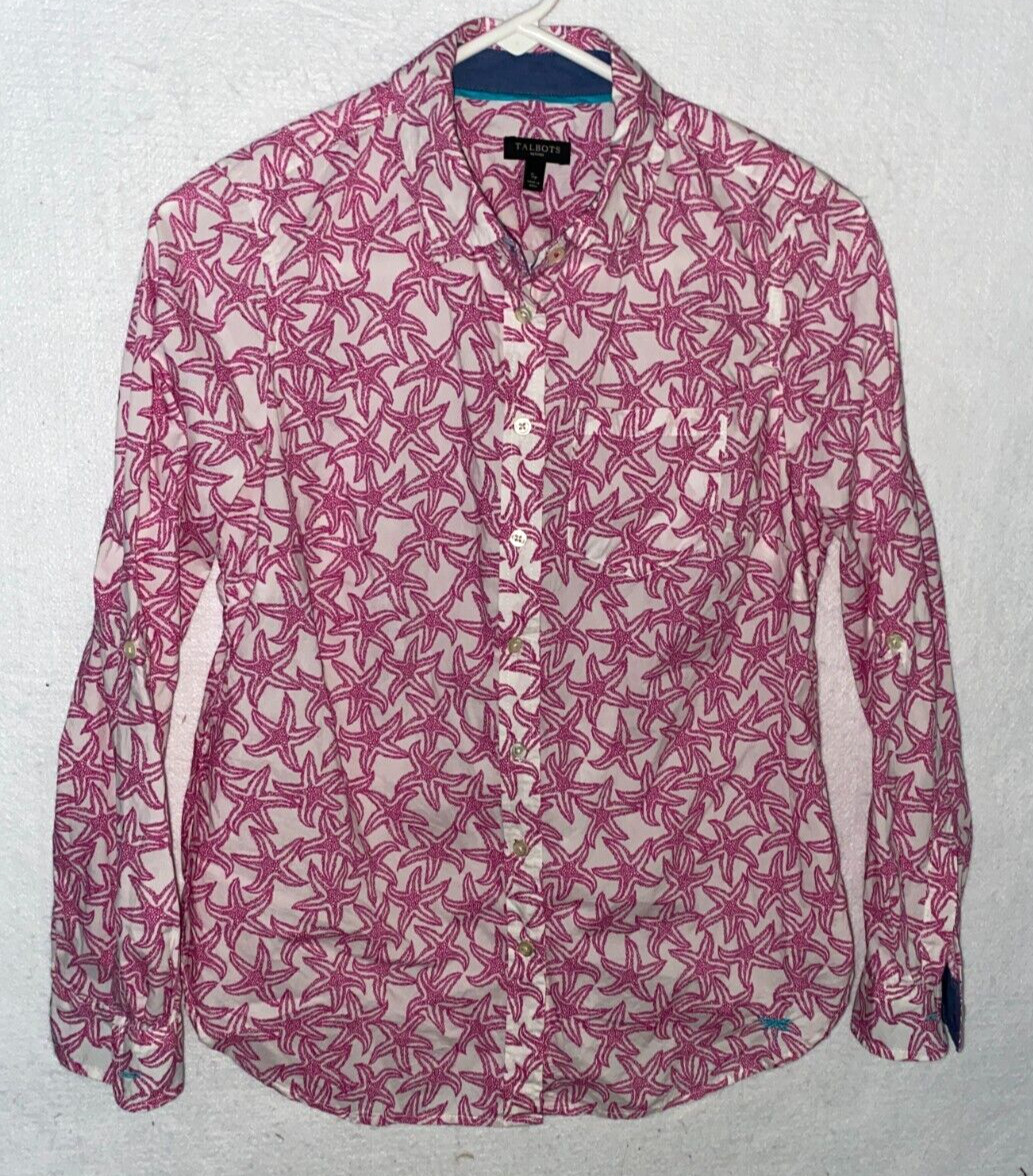 Talbots White Pink Starfish Print Roll Tab Sleeve Button Up Pocket Sz S Petite