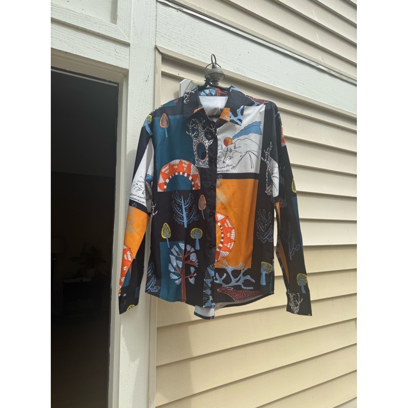 Graphic Patchwork Button-Up Shirt in Black, Teal & Orange