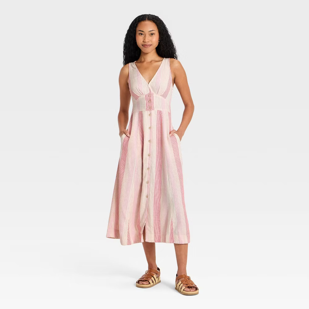 Women Woven Button-Front Midi Sundress – Universal Thread™ Pink Striped L