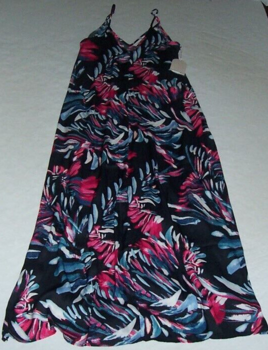 NWT Van Winkle NAVY/PINK BRUSH STROKES SILKY Maxi Chemise/Lounge Gown S POCKETS