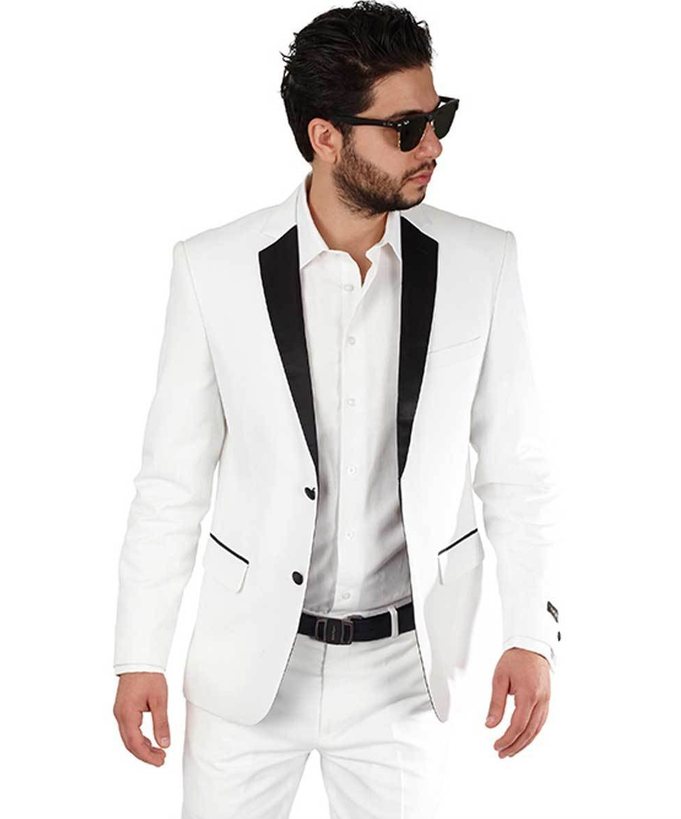 Slim Fit 2 Button White With Black Notch Lapel Collar Tuxedo Dinner Jacket AZAR