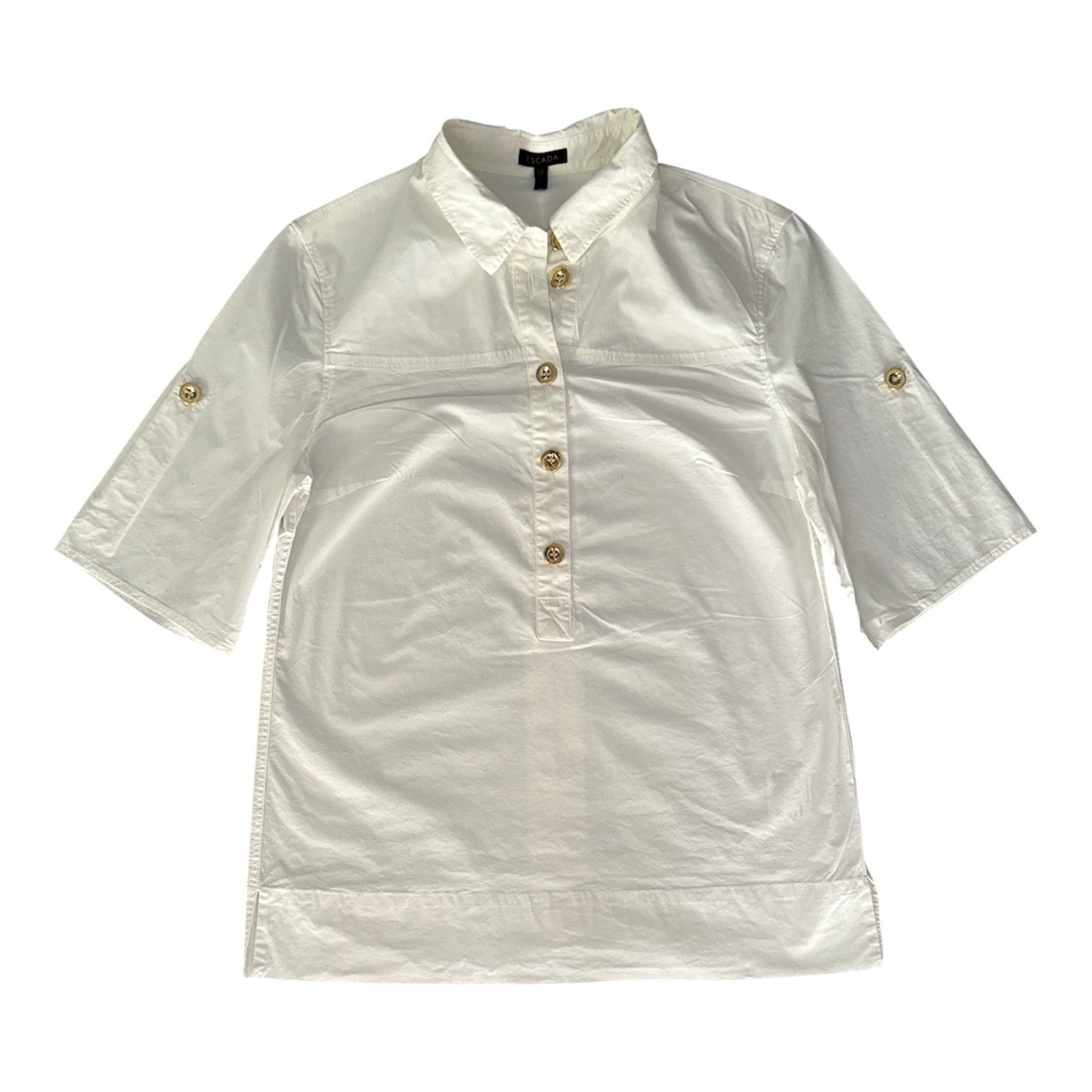 ESCADA White Tunic Blouse Gold Logo Buttons Roll Tab Sleeve Size 38 EU