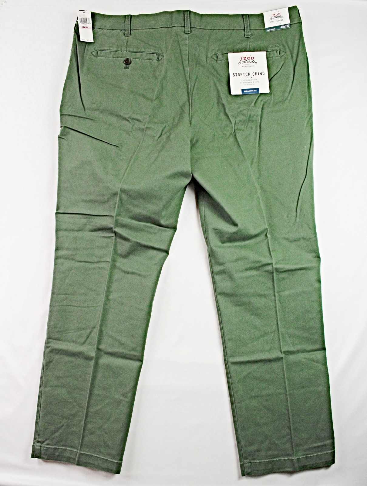 Izod Saltwater Chino Pants Mens 40×30 Green Stretch Straight Flat Front $65 NEW